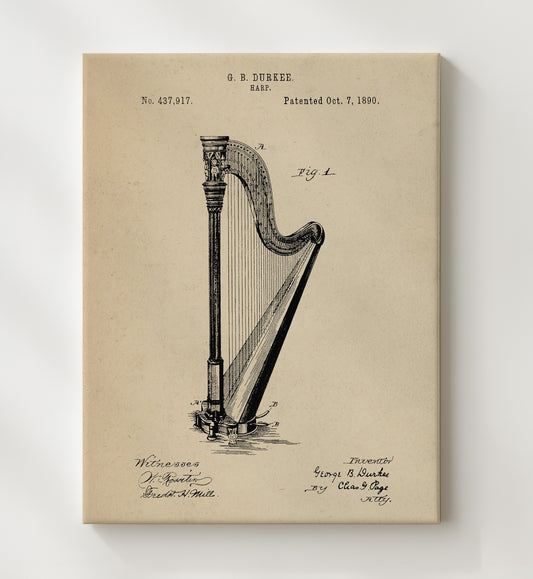 Harp 1890 patent print wall art 8x10 Canvas