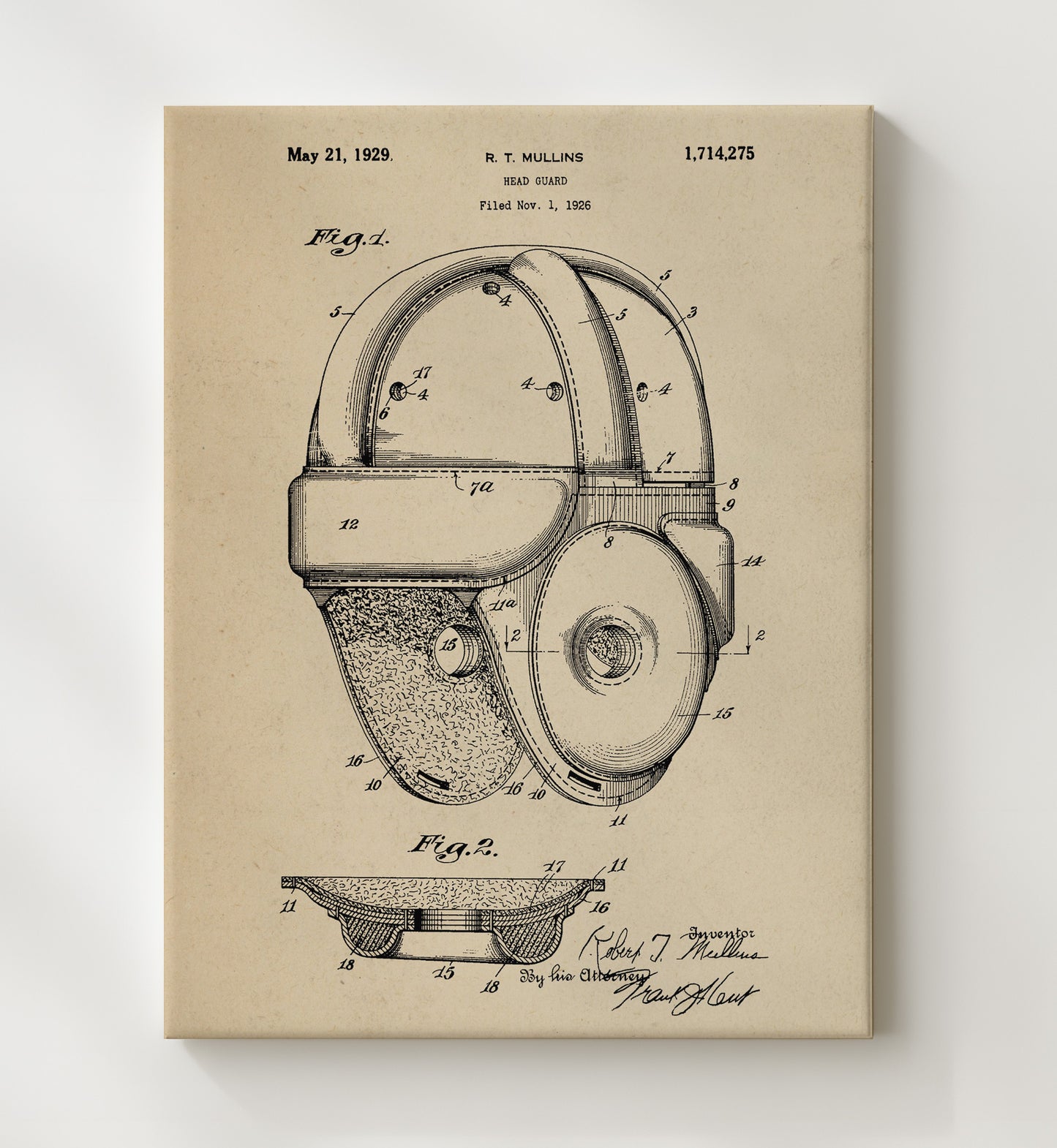 Patent Print - Head Guard - R T Mullins - 1929 - Patent 1714275 Patent Wall Art
