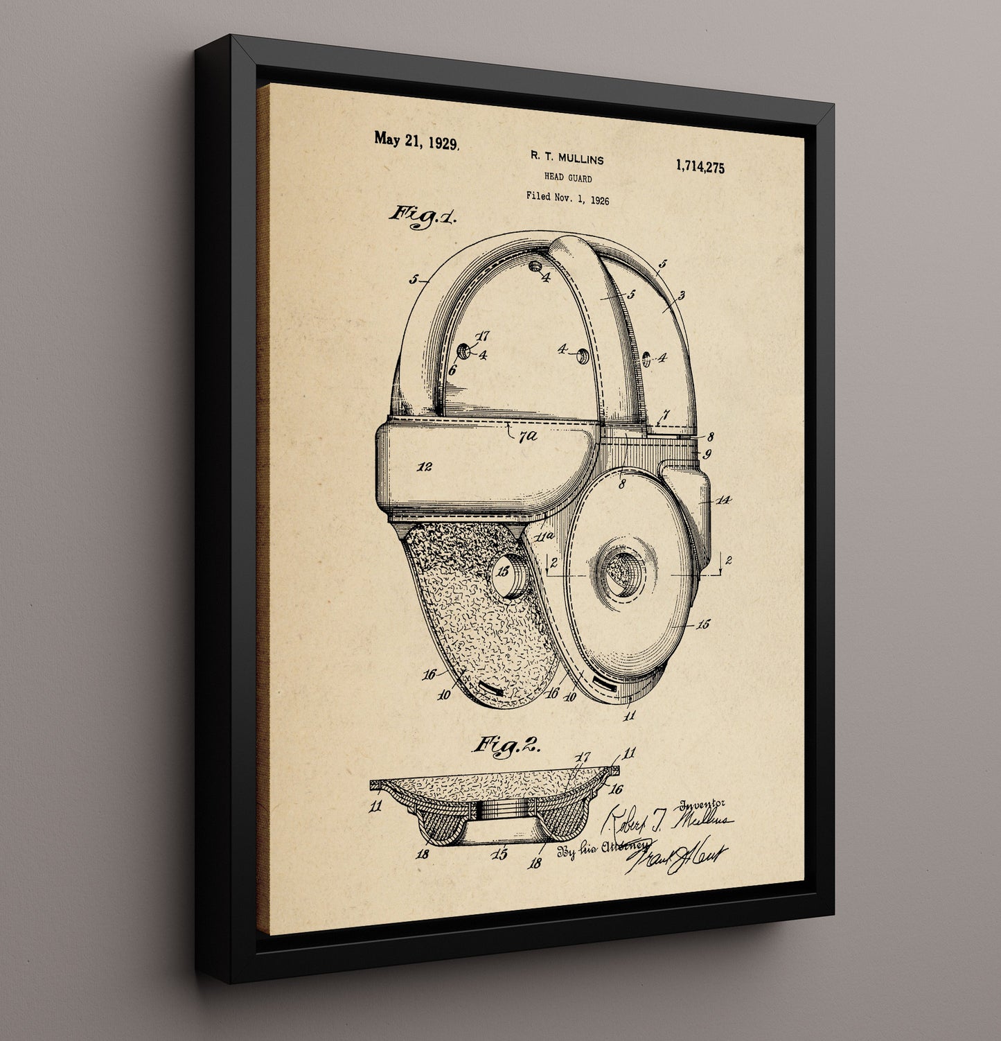 Patent Print - Head Guard - R T Mullins - 1929 - Patent 1714275 Patent Wall Art