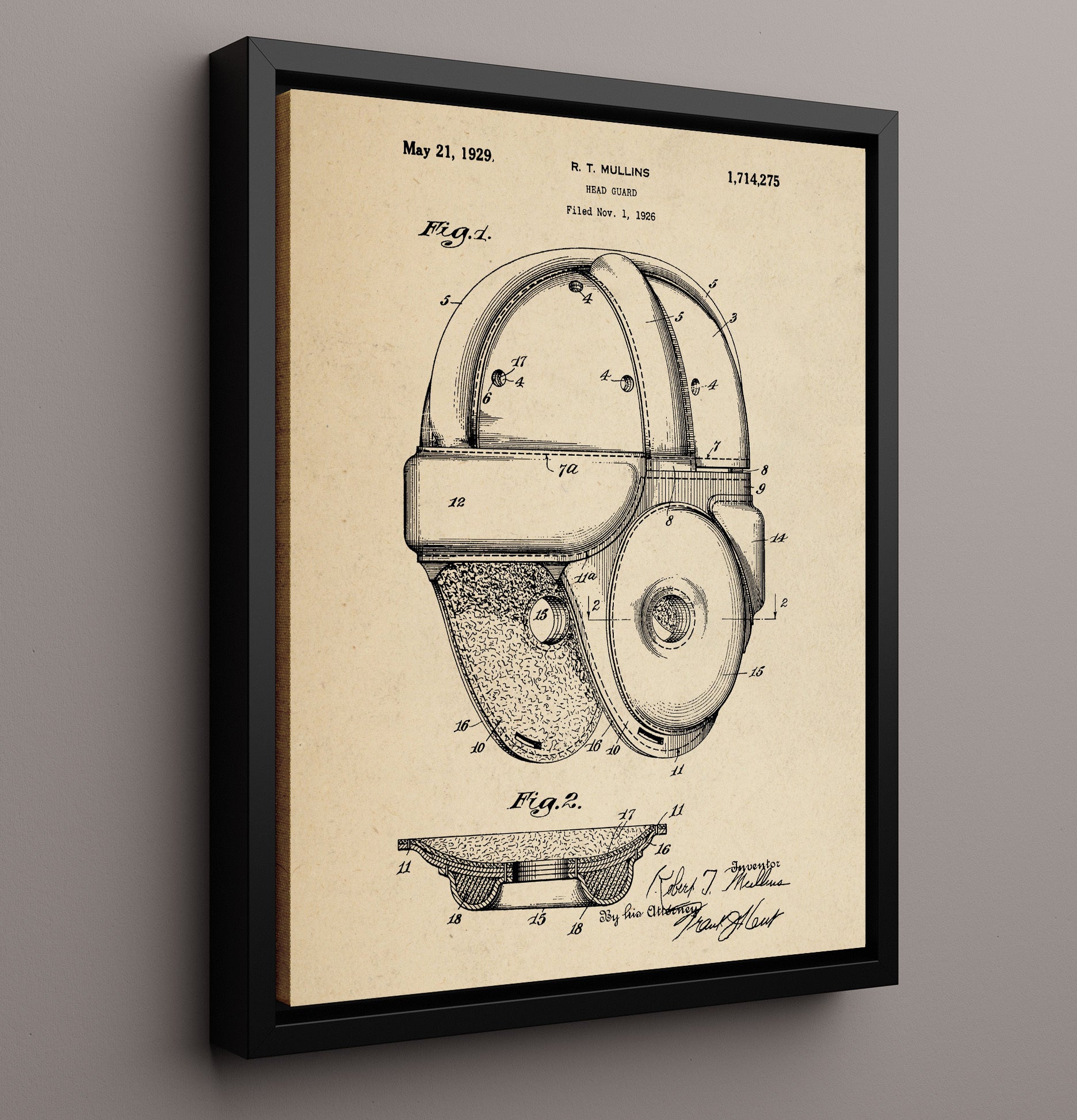 Patent Print - Head Guard - R T Mullins - 1929 - Patent 1714275 Patent Wall Art