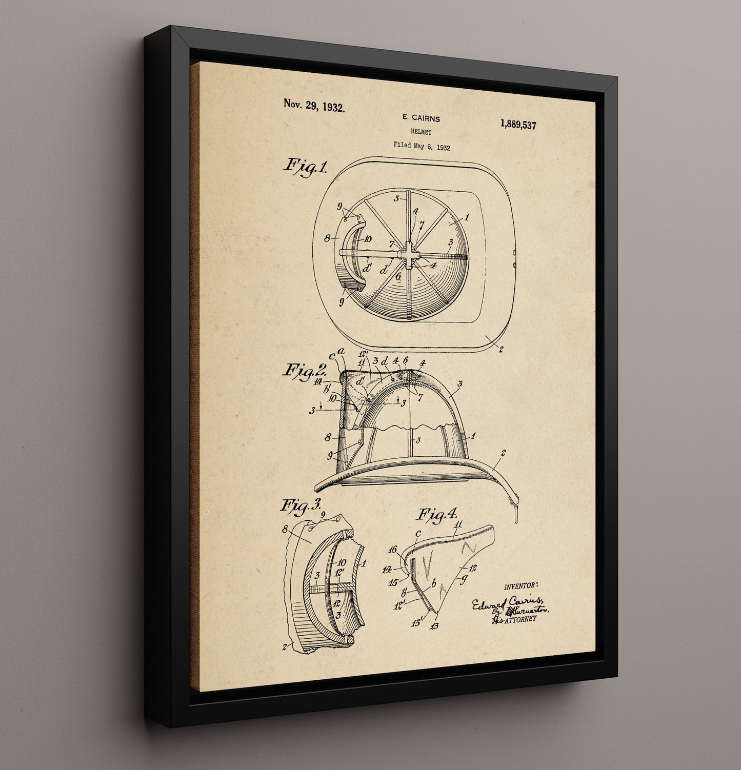 Patent Print - Helmet - E. Cairns - 1932 - Patent 1889537 Patent Wall Art