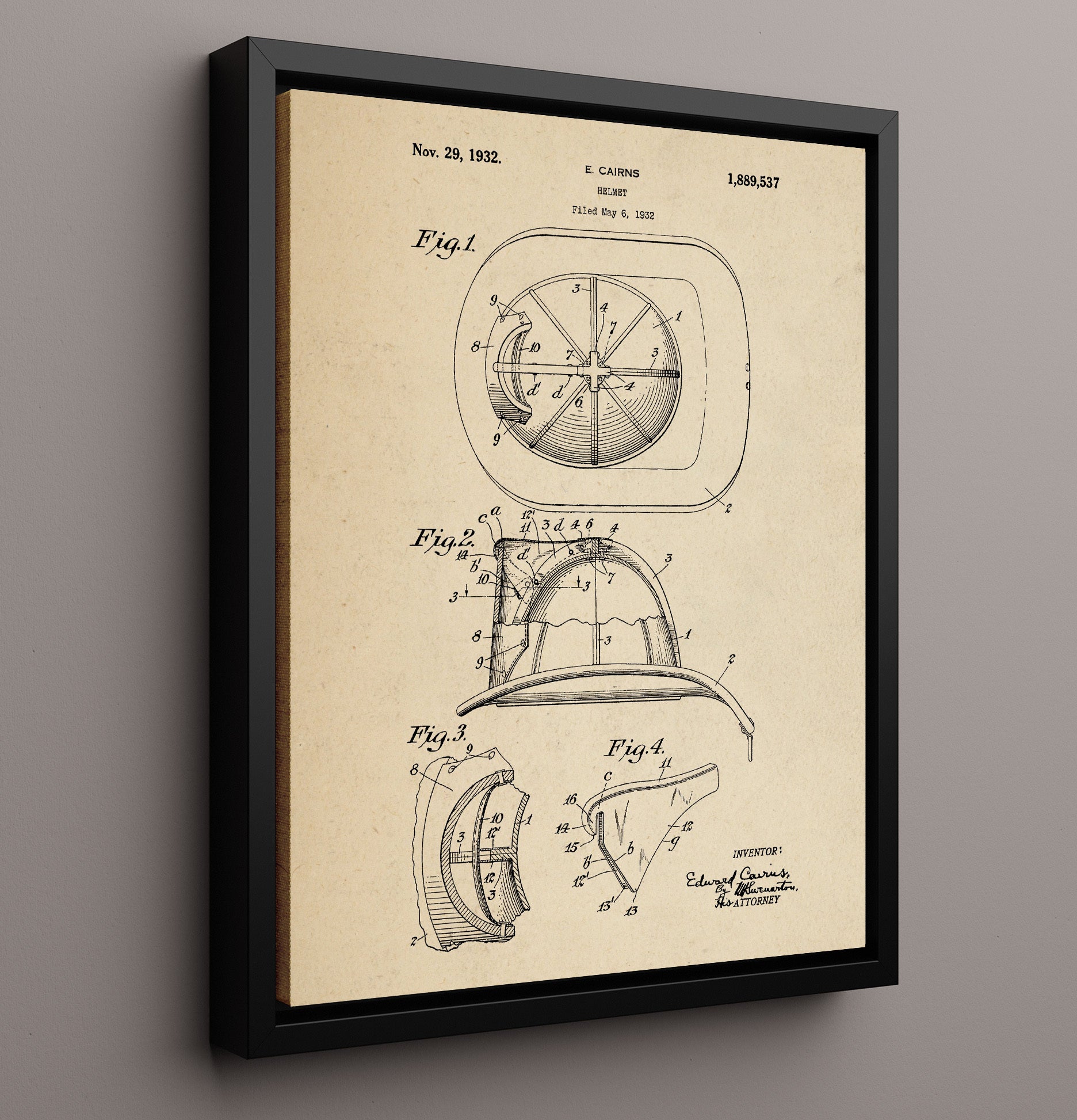 Patent Print - Helmet - E. Cairns - 1932 - Patent 1889537 Patent Wall Art