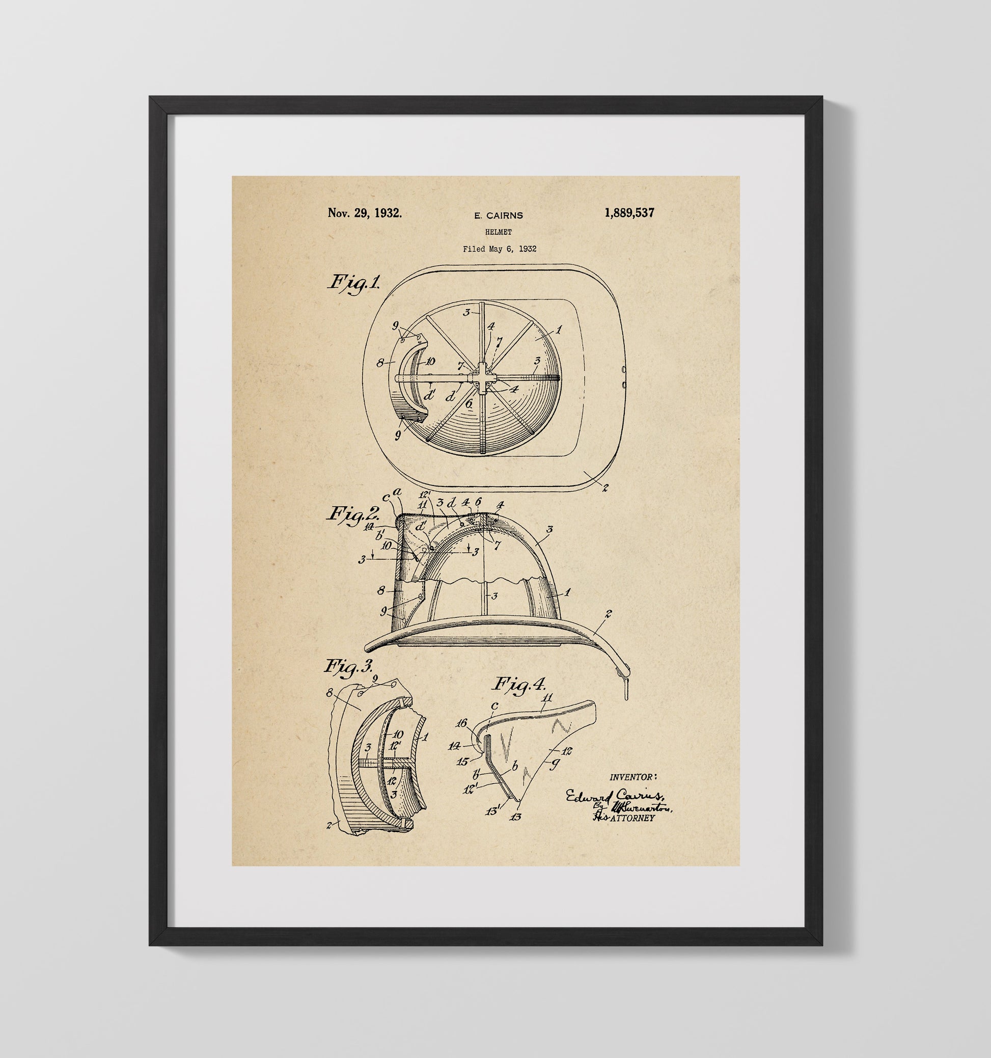 Patent Print - Helmet - E. Cairns - 1932 - Patent 1889537 Patent Wall Art