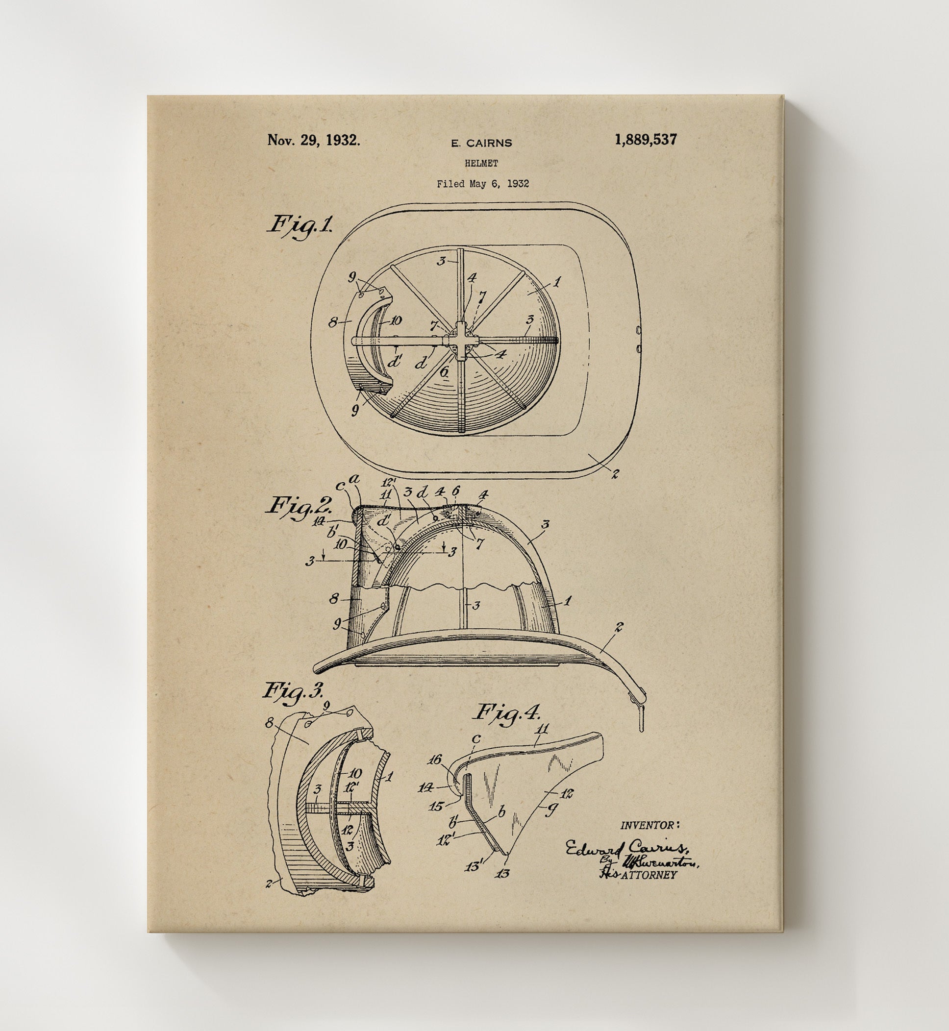 Patent Print - Helmet - E. Cairns - 1932 - Patent 1889537 Patent Wall Art