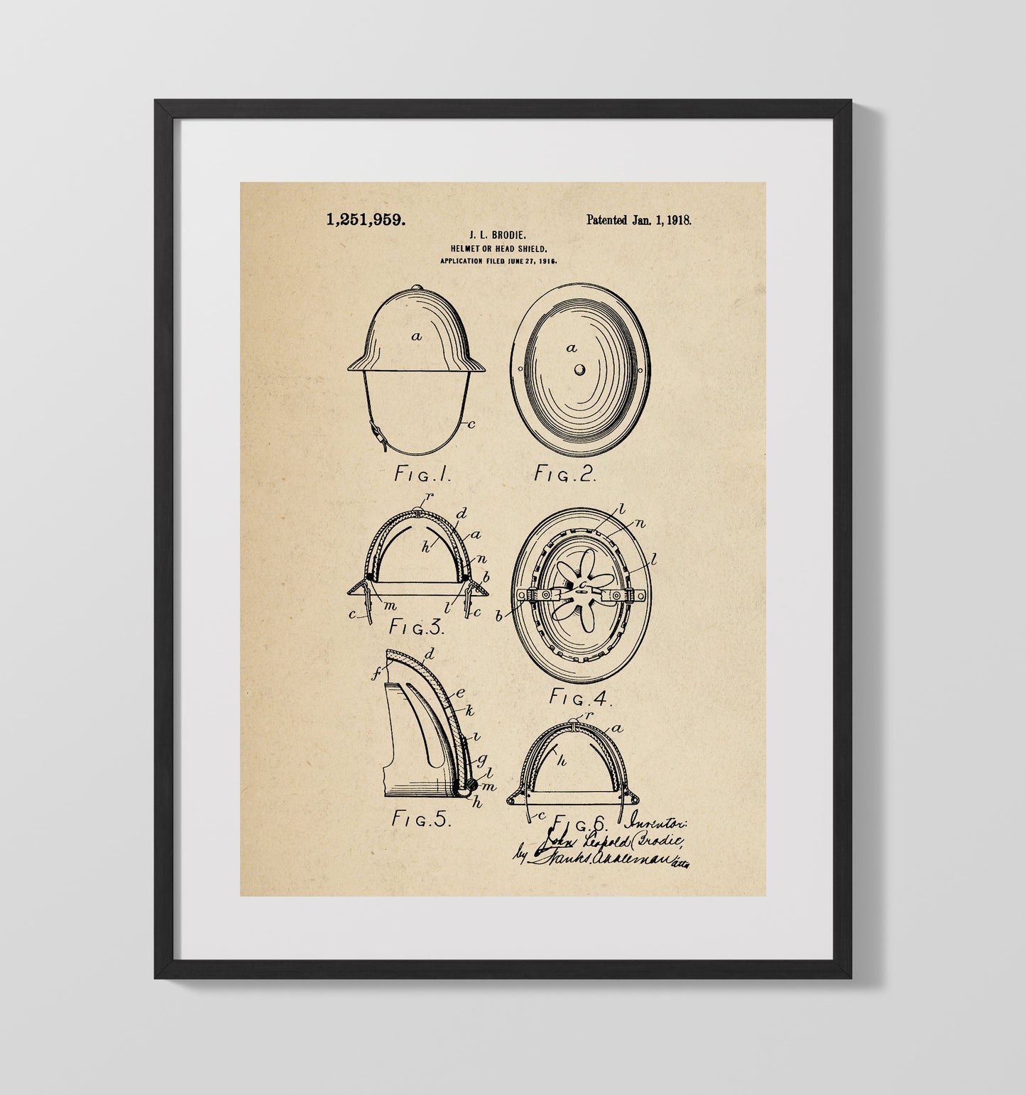 Patent Print - Helmet Or Head Shield - John Leopold Brodie - 1918 - Patent 1251959 Patent Wall Art