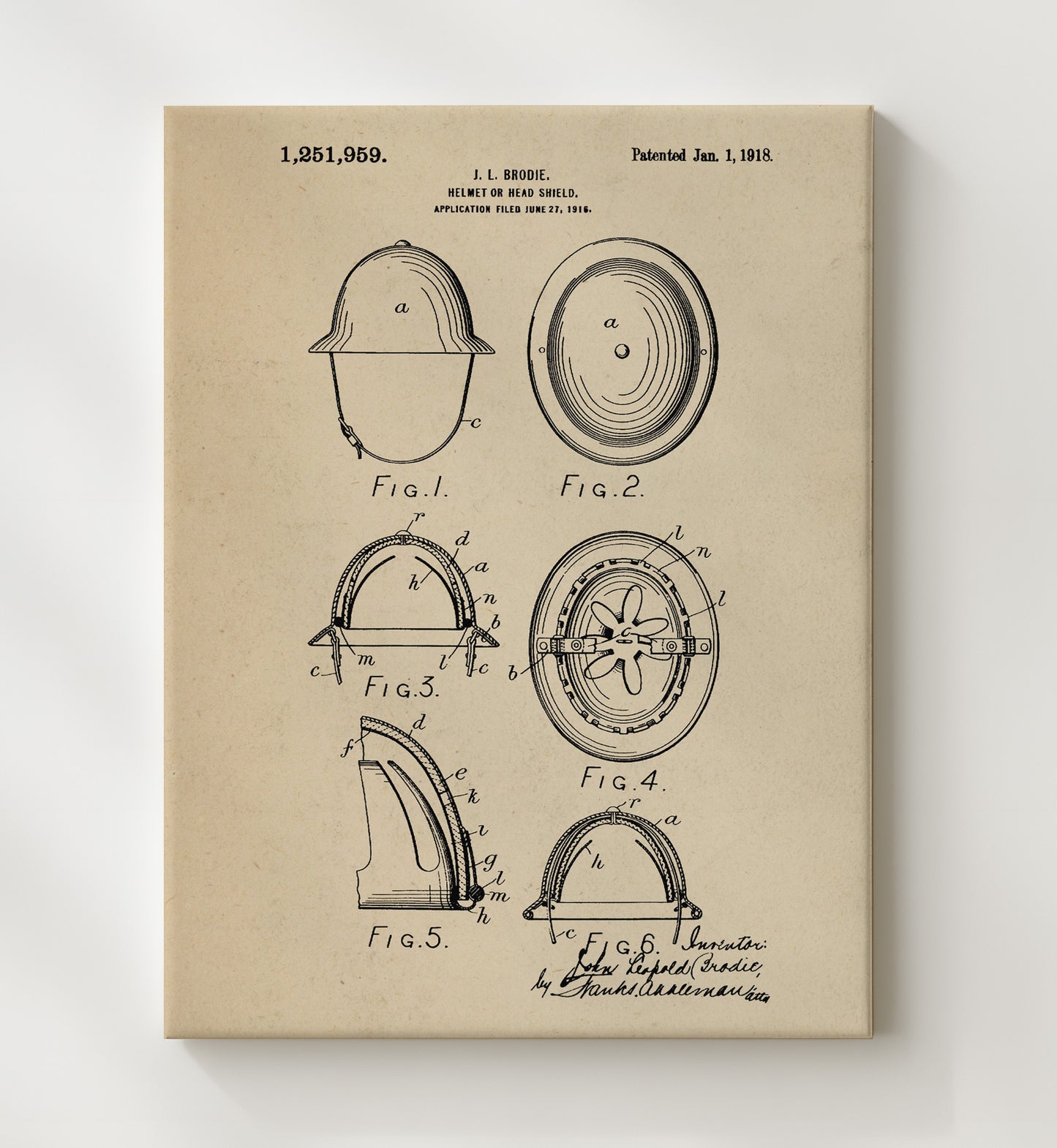 Patent Print - Helmet Or Head Shield - John Leopold Brodie - 1918 - Patent 1251959 Patent Wall Art
