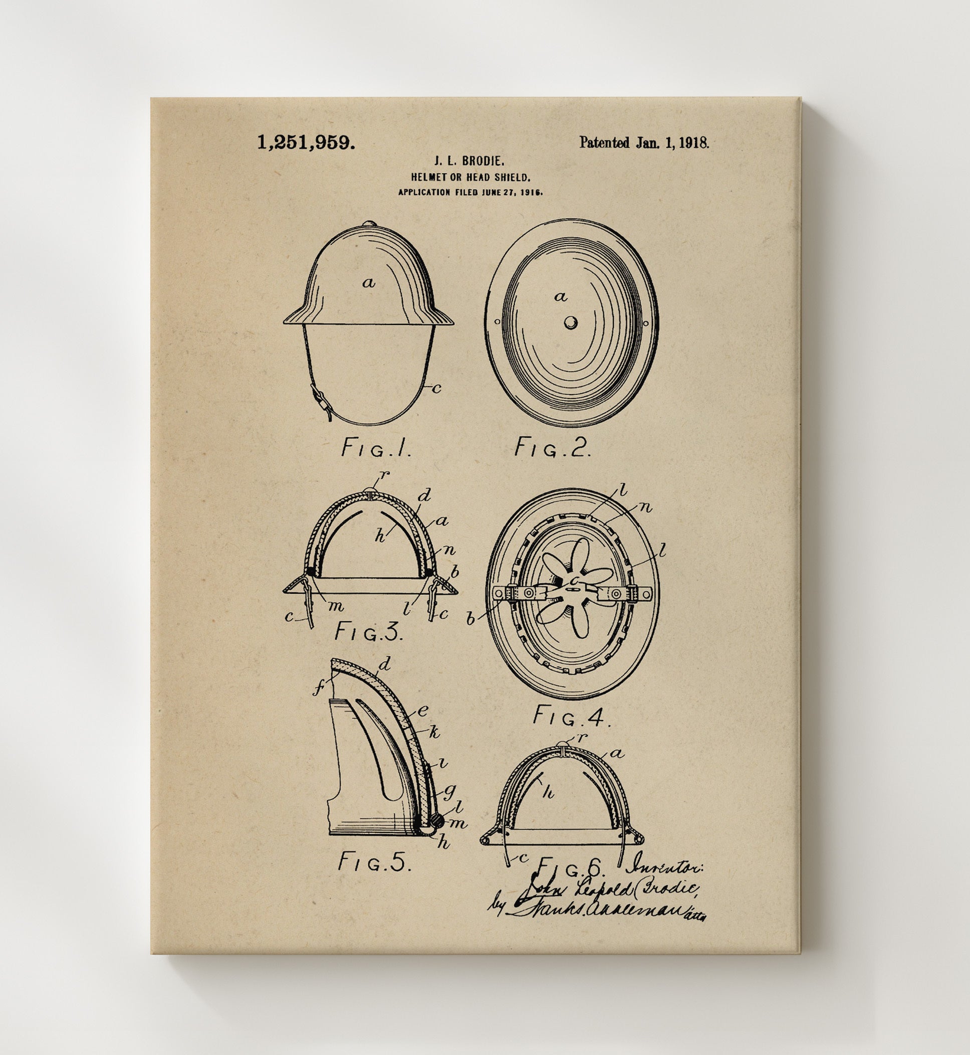 Patent Print - Helmet Or Head Shield - John Leopold Brodie - 1918 - Patent 1251959 Patent Wall Art
