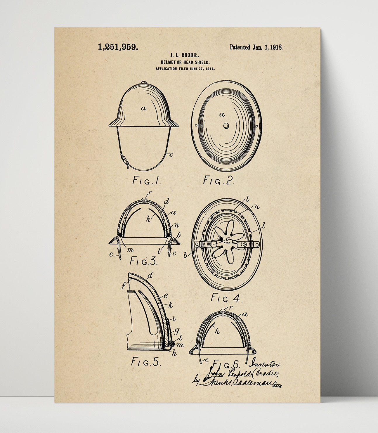Patent Print - Helmet Or Head Shield - John Leopold Brodie - 1918 - Patent 1251959 Patent Wall Art