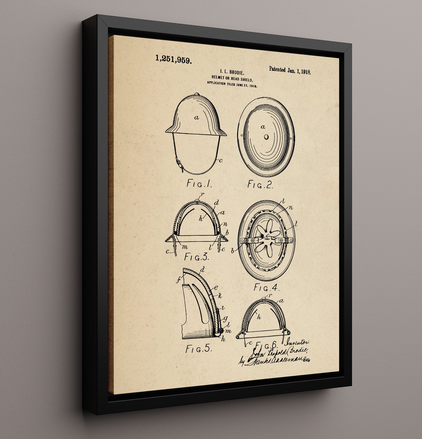 Patent Print - Helmet Or Head Shield - John Leopold Brodie - 1918 - Patent 1251959 Patent Wall Art