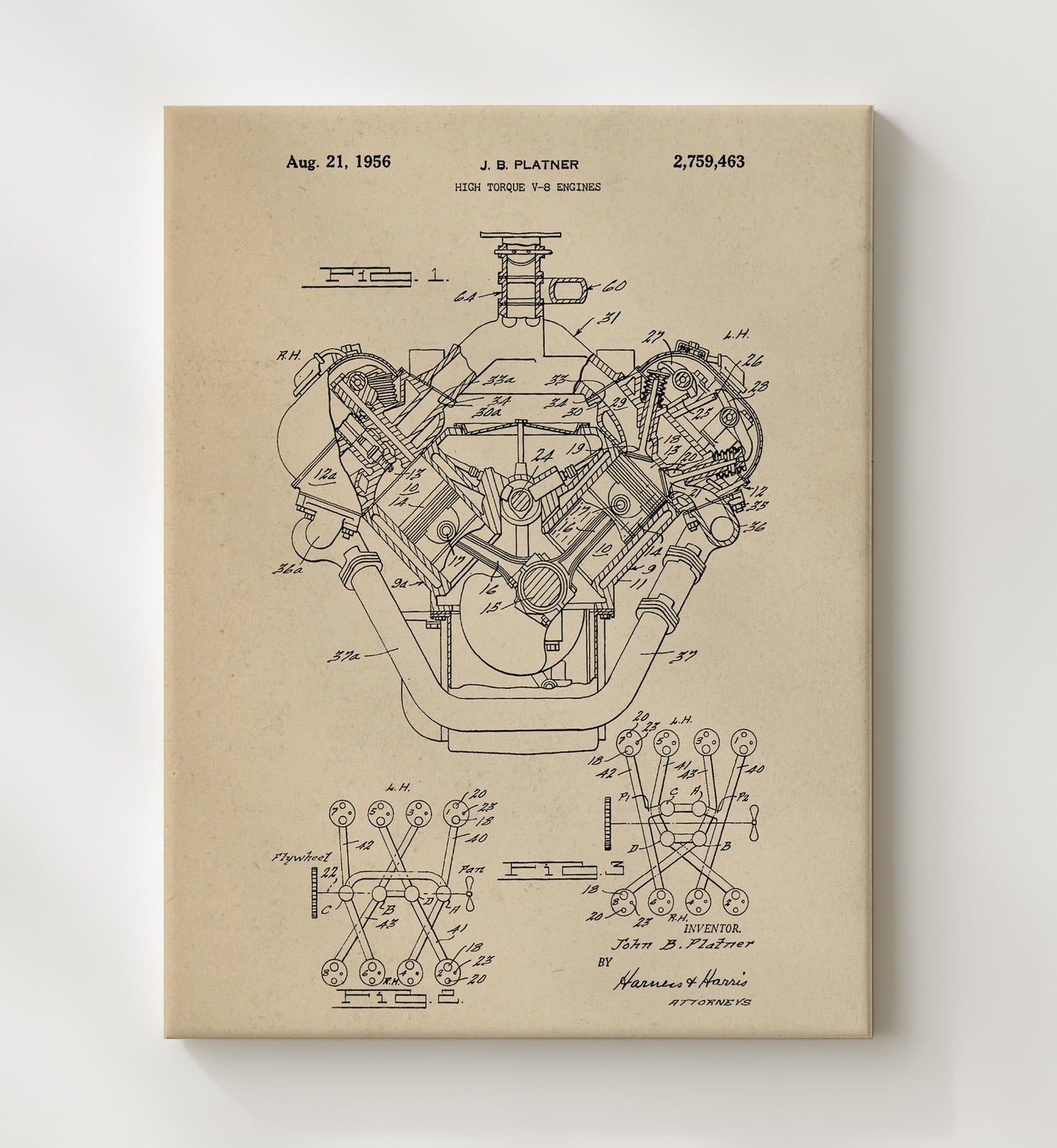 Patent Print - High Torque V-8 Engines - John B Platzner - 1956 - Patent 2759463 Patent Wall Art