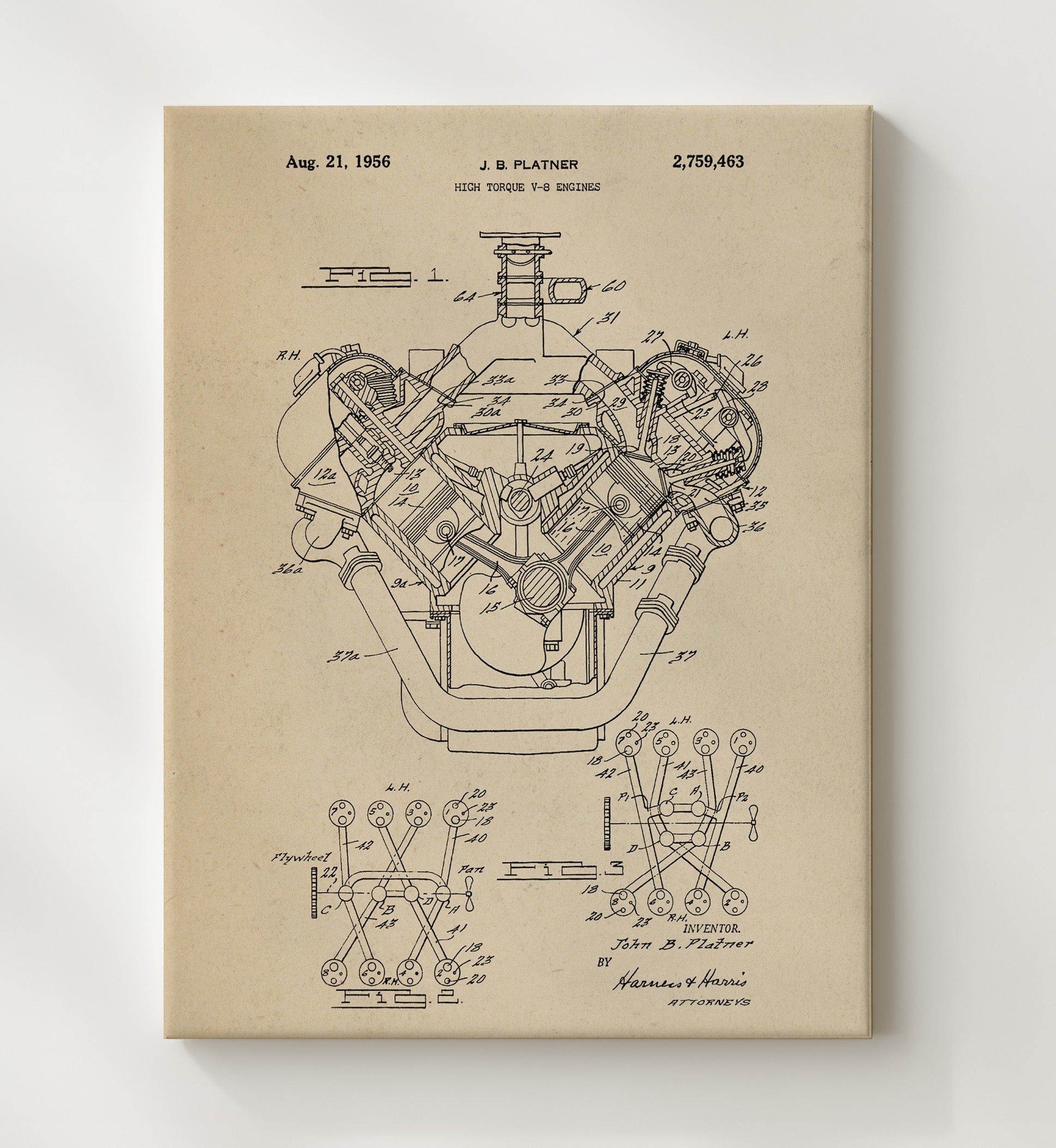 Patent Print - High Torque V-8 Engines - John B Platzner - 1956 - Patent 2759463 Patent Wall Art