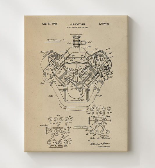 High Torque V-8 Engines 1956 patent print wall art 8x10 Canvas