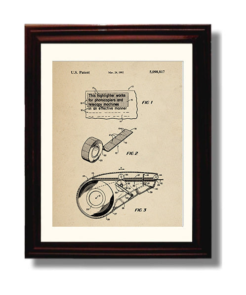 Patent Print - Highlighting Tape Dispenser - Unknown Inventor - 1992 - Patent 5098817 Patent Wall Art