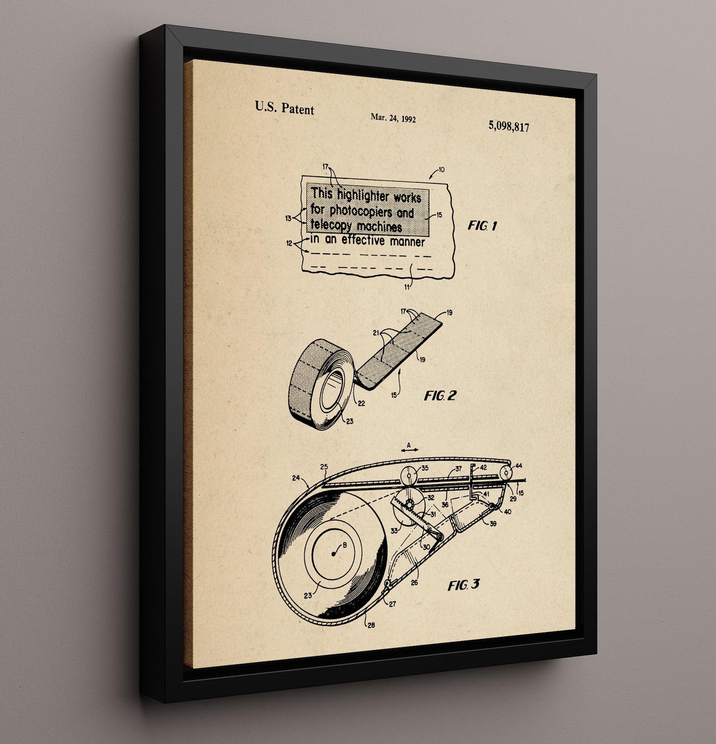Patent Print - Highlighting Tape Dispenser - Unknown Inventor - 1992 - Patent 5098817 Patent Wall Art