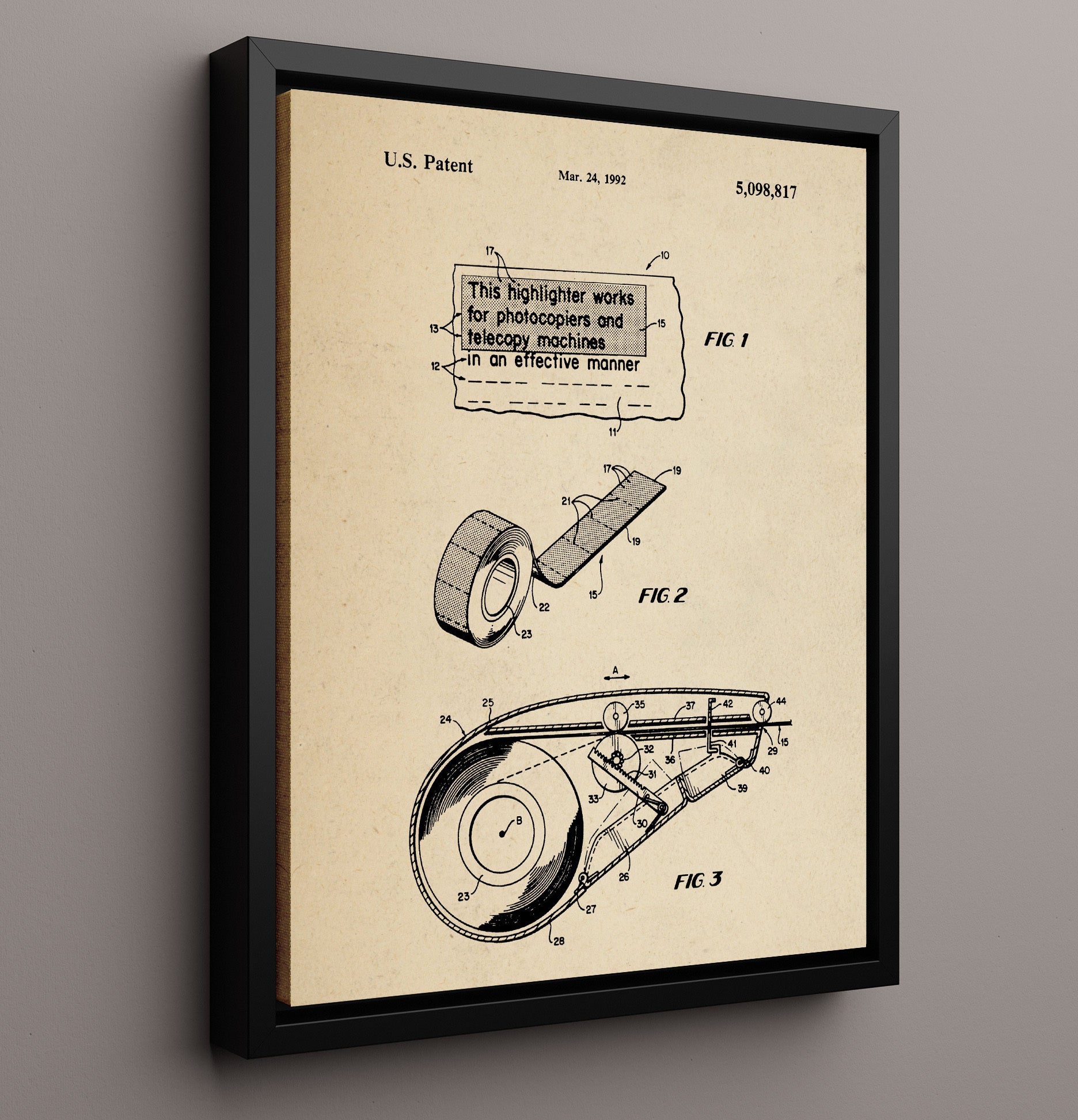 Patent Print - Highlighting Tape Dispenser - Unknown Inventor - 1992 - Patent 5098817 Patent Wall Art
