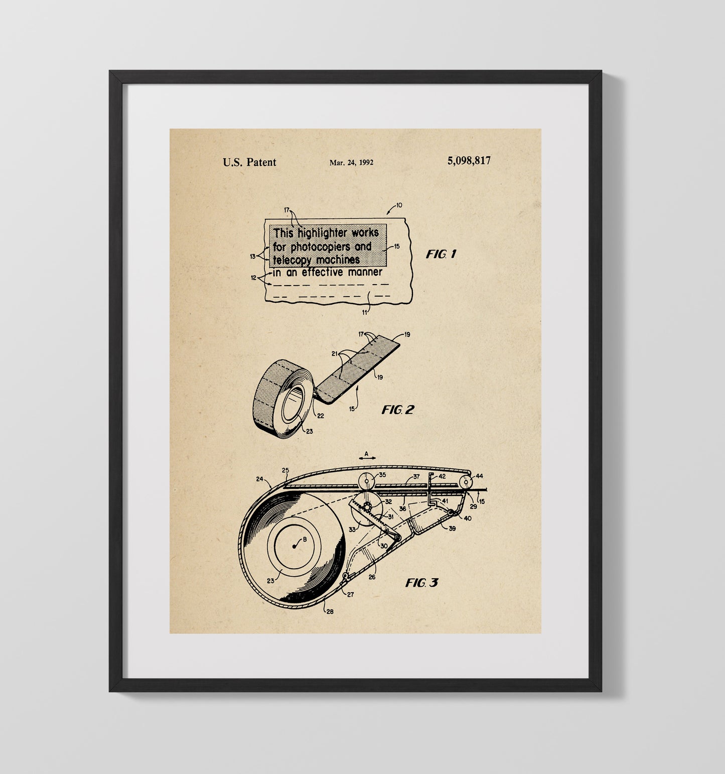 Patent Print - Highlighting Tape Dispenser - Unknown Inventor - 1992 - Patent 5098817 Patent Wall Art