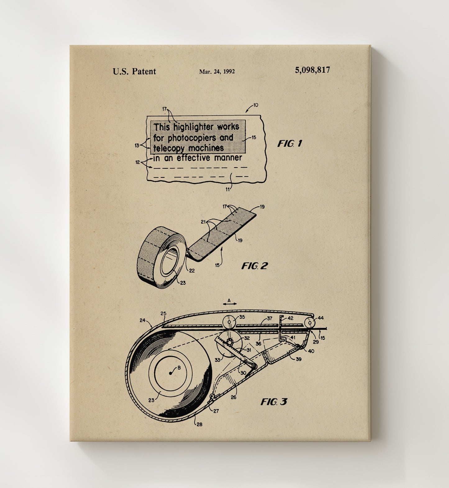 Patent Print - Highlighting Tape Dispenser - Unknown Inventor - 1992 - Patent 5098817 Patent Wall Art