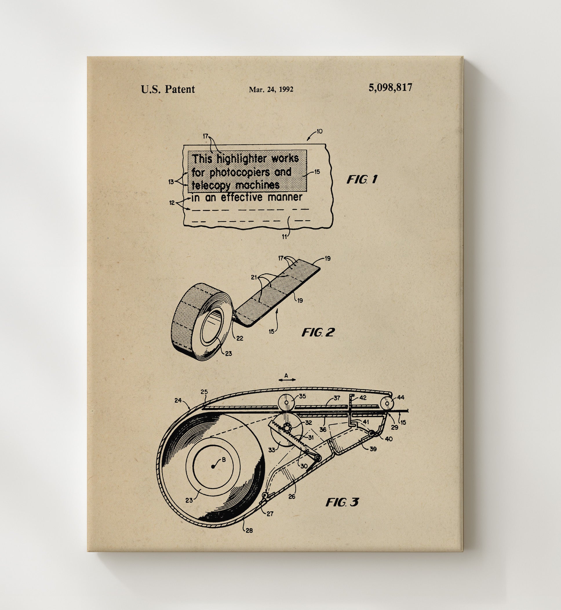 Patent Print - Highlighting Tape Dispenser - Unknown Inventor - 1992 - Patent 5098817 Patent Wall Art