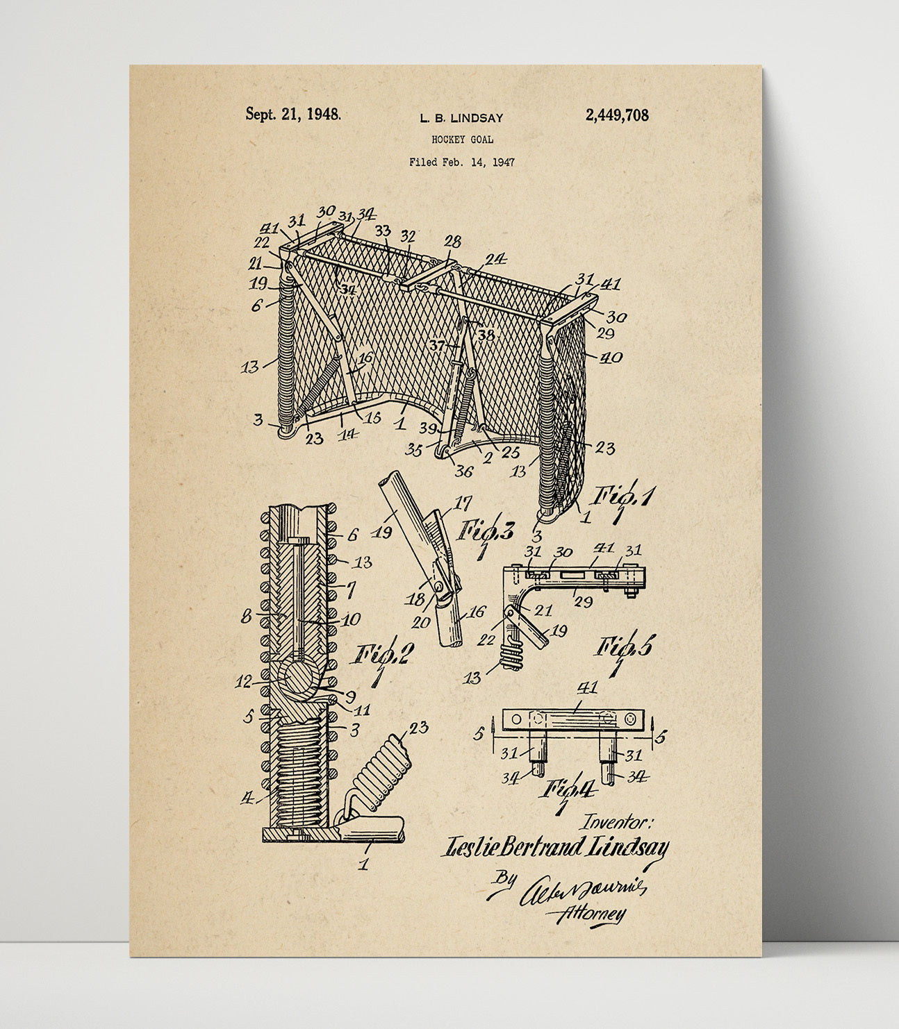 Patent Print - Hockey Goal - L B Lindsay - 1948 - Patent 2449708 Patent Wall Art