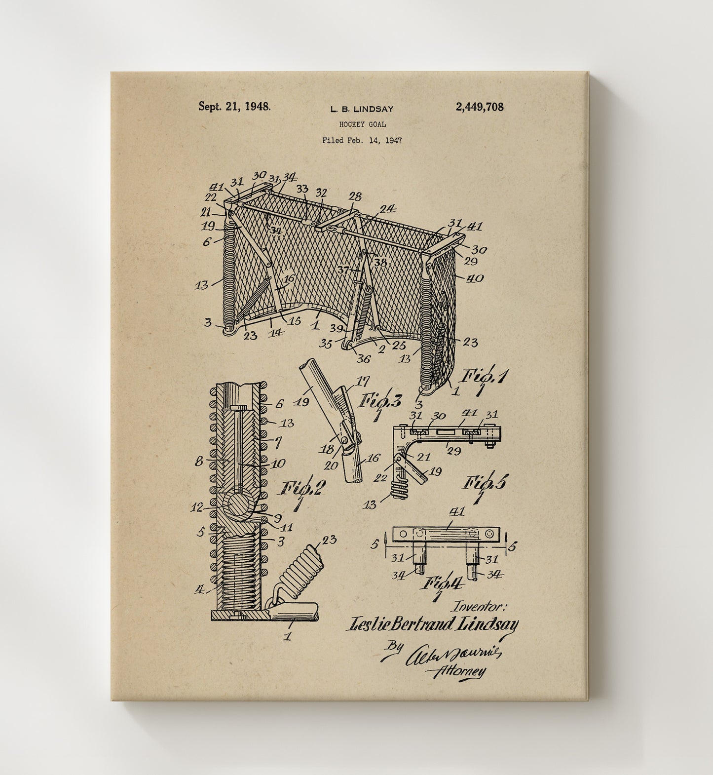 Patent Print - Hockey Goal - L B Lindsay - 1948 - Patent 2449708 Patent Wall Art