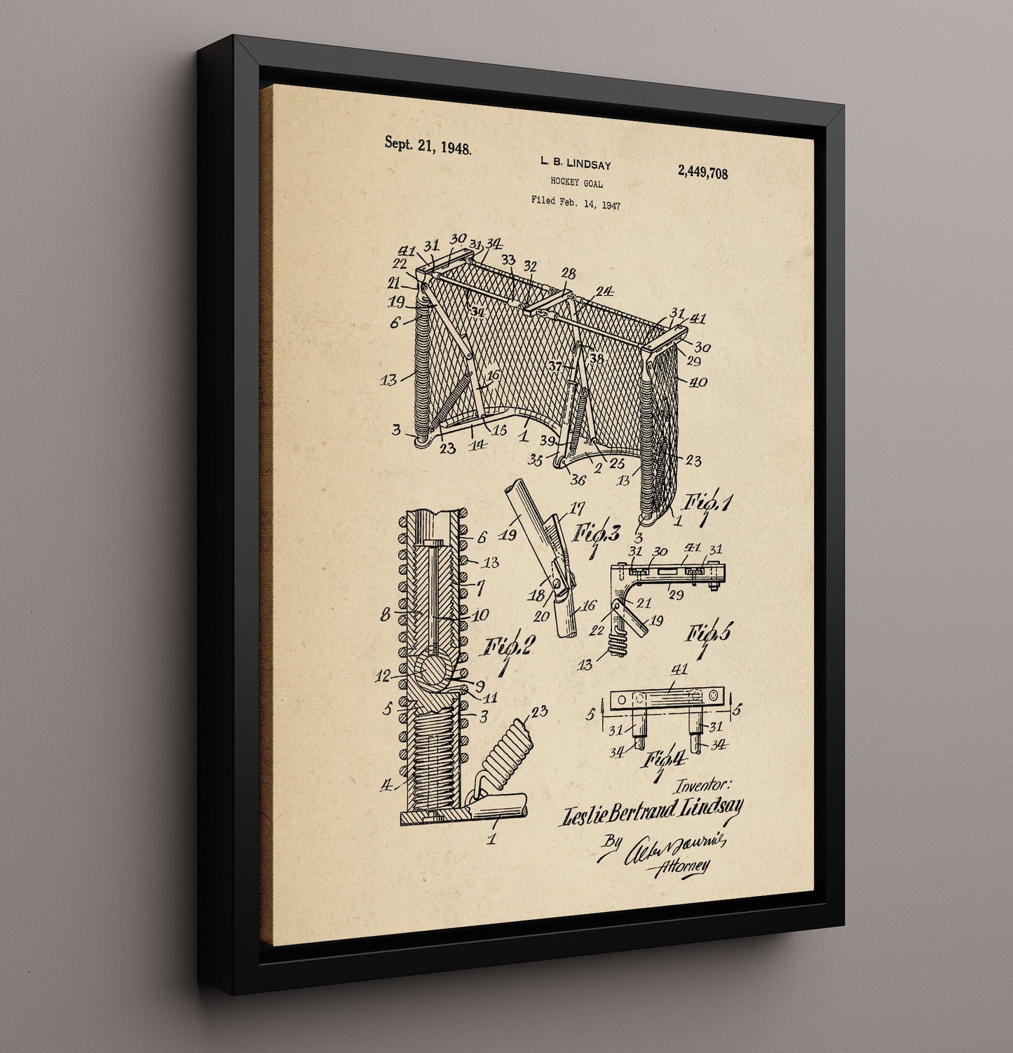 Patent Print - Hockey Goal - L B Lindsay - 1948 - Patent 2449708 Patent Wall Art