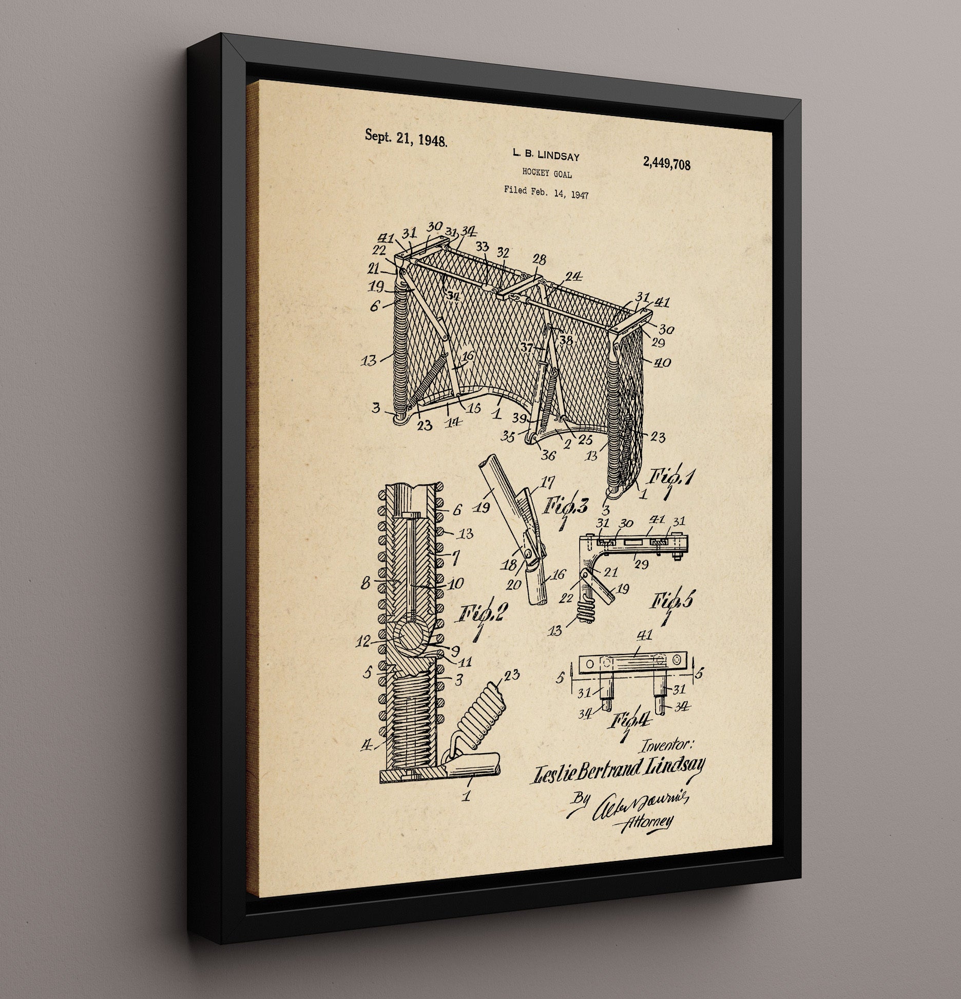Patent Print - Hockey Goal - L B Lindsay - 1948 - Patent 2449708 Patent Wall Art