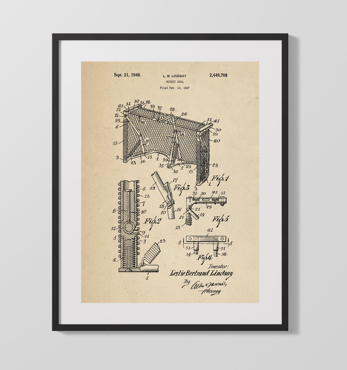 Patent Print - Hockey Goal - L B Lindsay - 1948 - Patent 2449708 Patent Wall Art