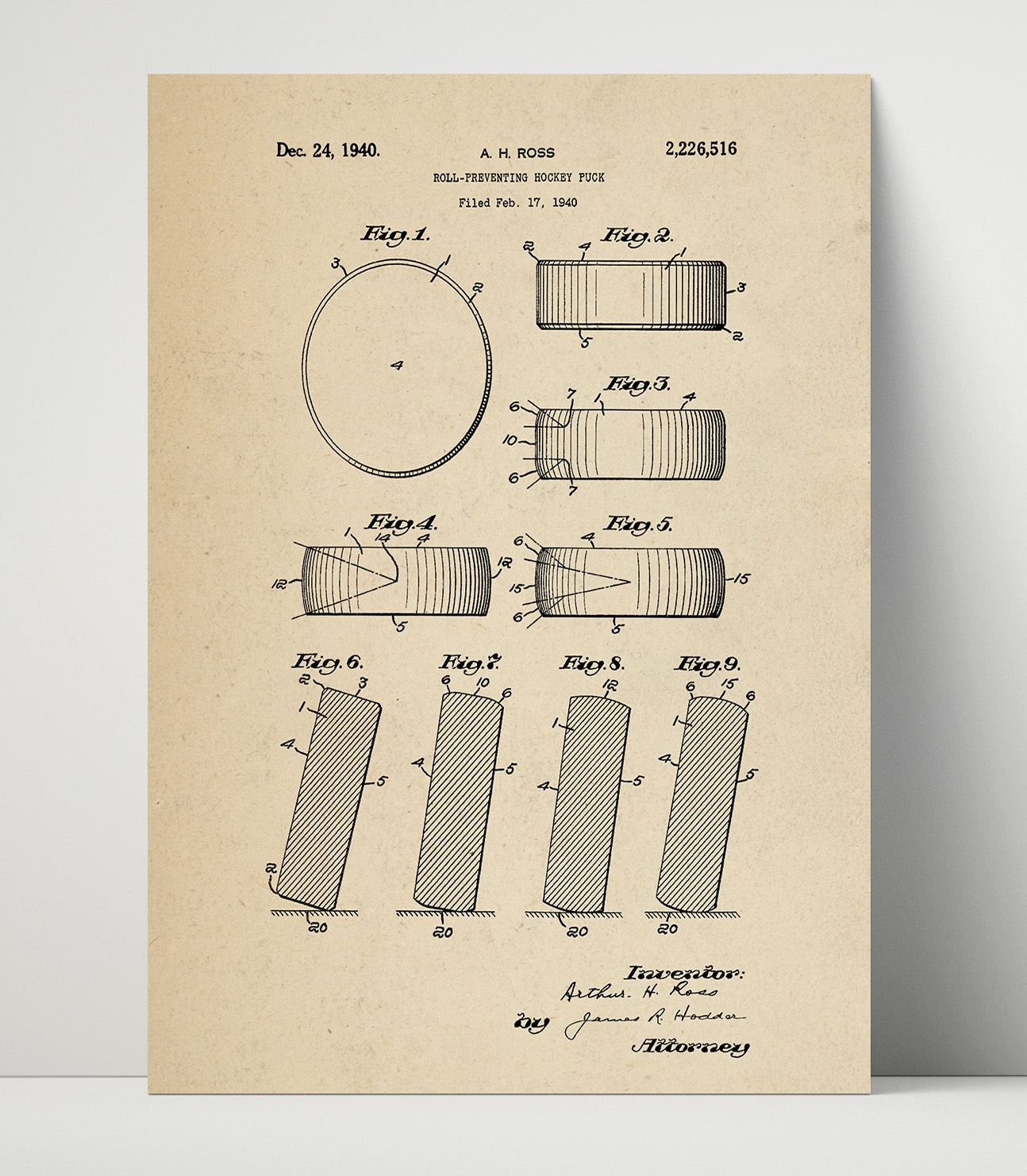 Patent Print - Hockey Puck - A H Ross - 1940 - Patent 2226516 Patent Wall Art