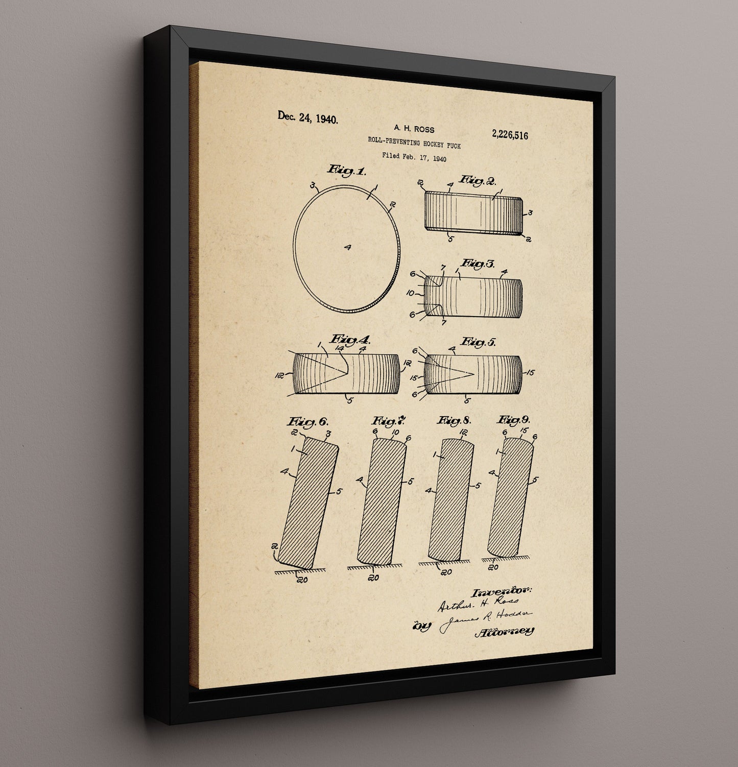 Patent Print - Hockey Puck - A H Ross - 1940 - Patent 2226516 Patent Wall Art
