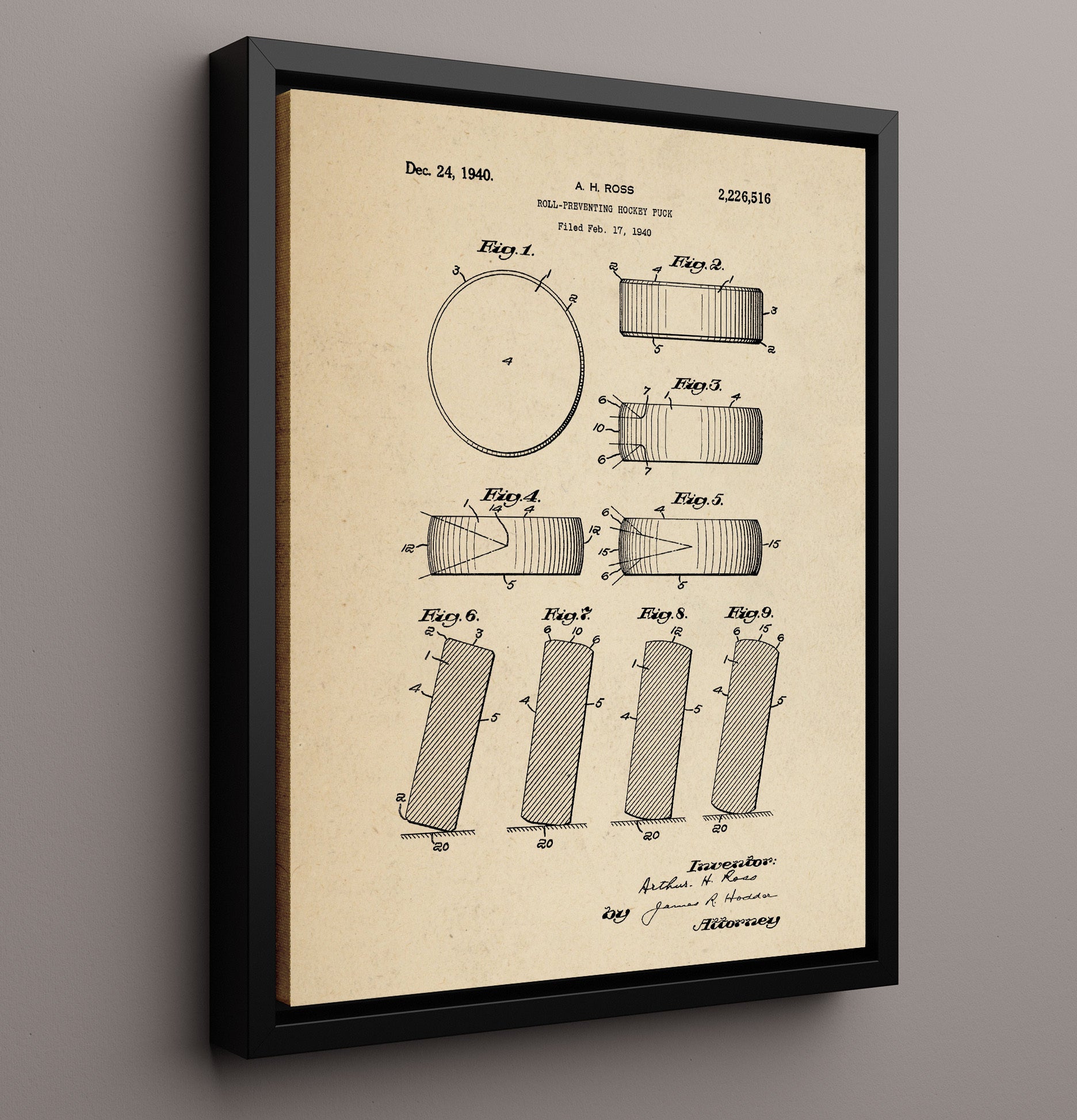 Patent Print - Hockey Puck - A H Ross - 1940 - Patent 2226516 Patent Wall Art