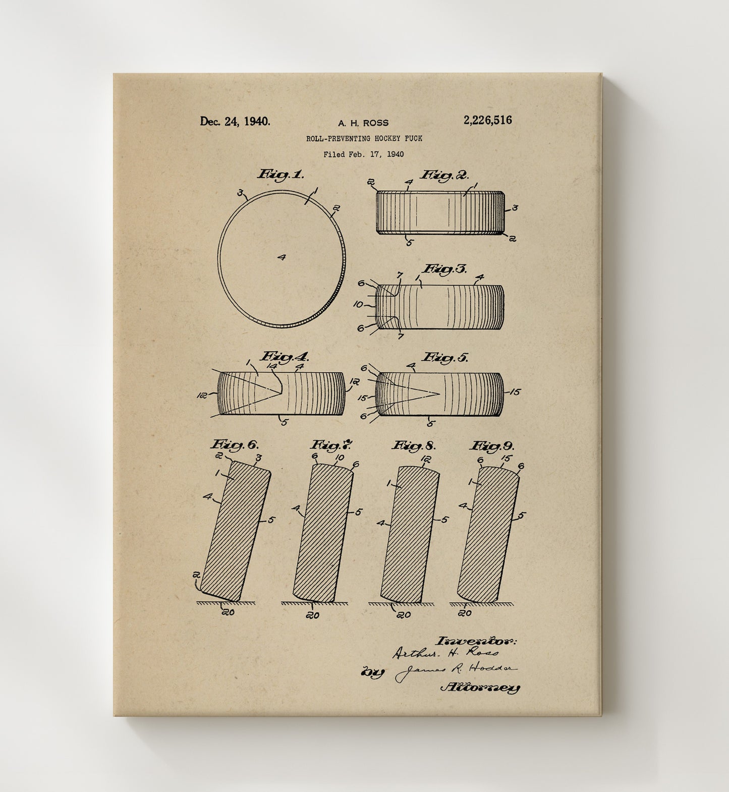 Patent Print - Hockey Puck - A H Ross - 1940 - Patent 2226516 Patent Wall Art