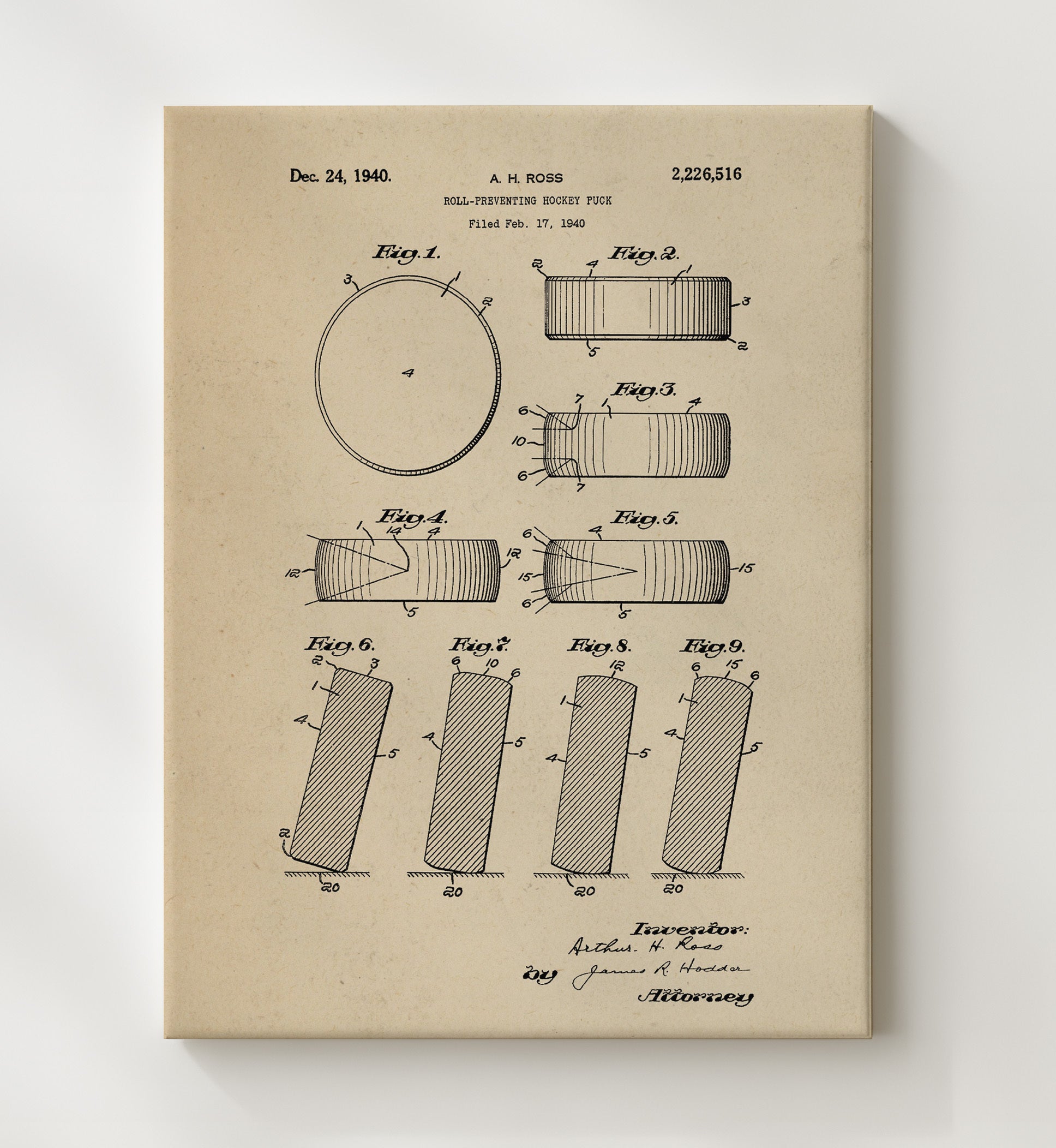 Patent Print - Hockey Puck - A H Ross - 1940 - Patent 2226516 Patent Wall Art