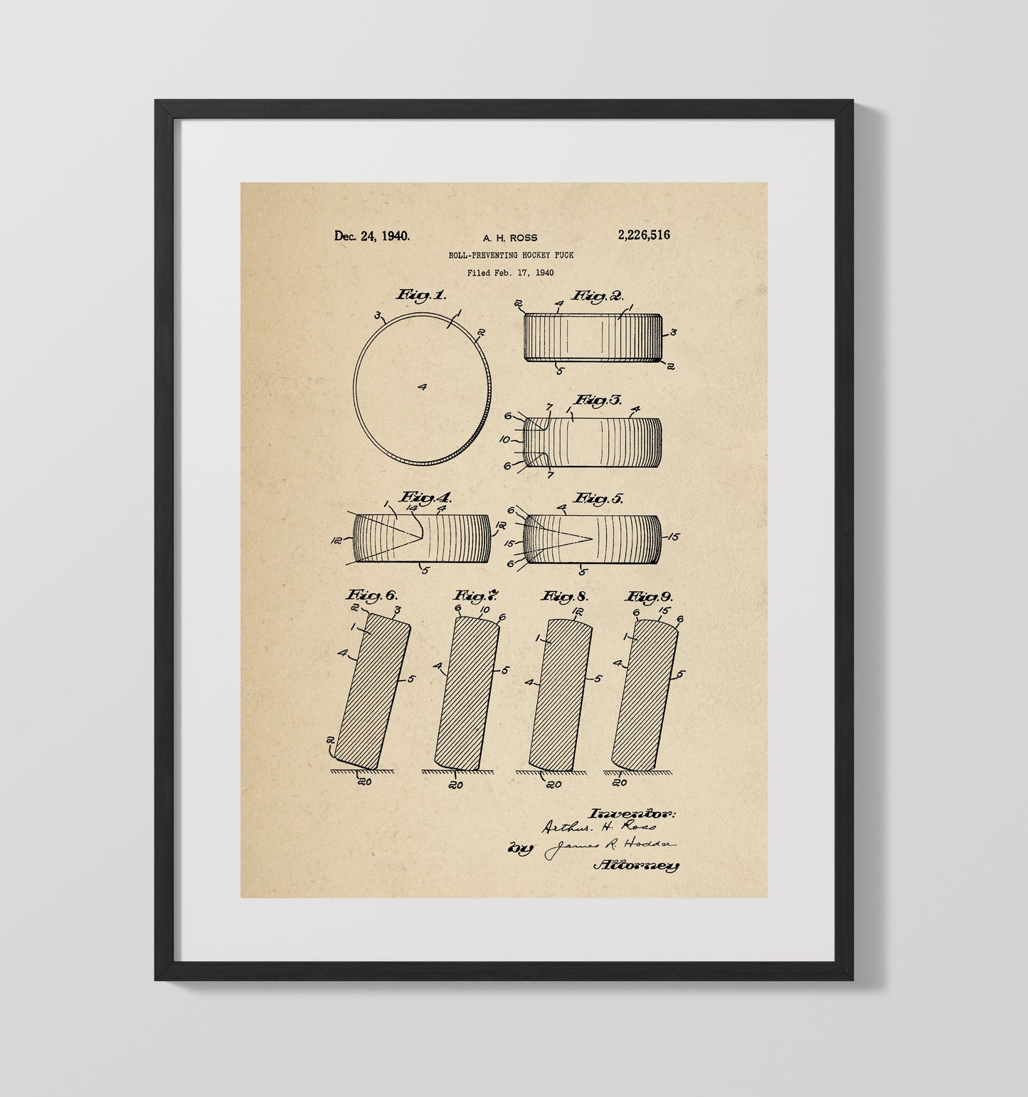Patent Print - Hockey Puck - A H Ross - 1940 - Patent 2226516 Patent Wall Art