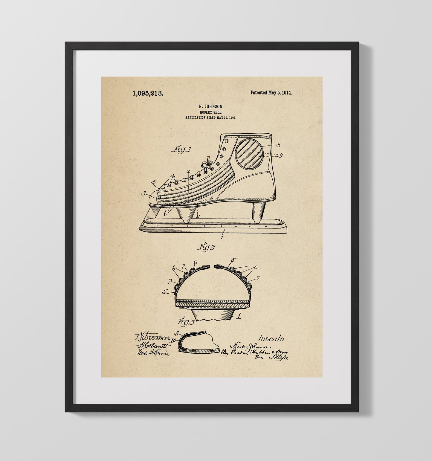 Patent Print - Hockey Skate - N Johnson - 1914 - Patent 1095213 Patent Wall Art