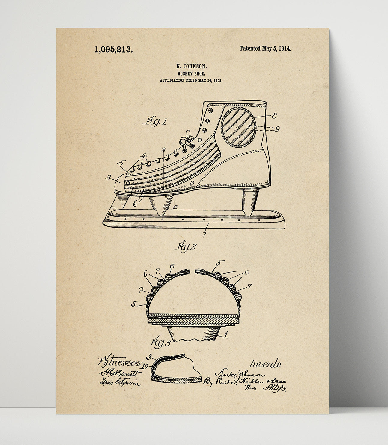 Patent Print - Hockey Skate - N Johnson - 1914 - Patent 1095213 Patent Wall Art