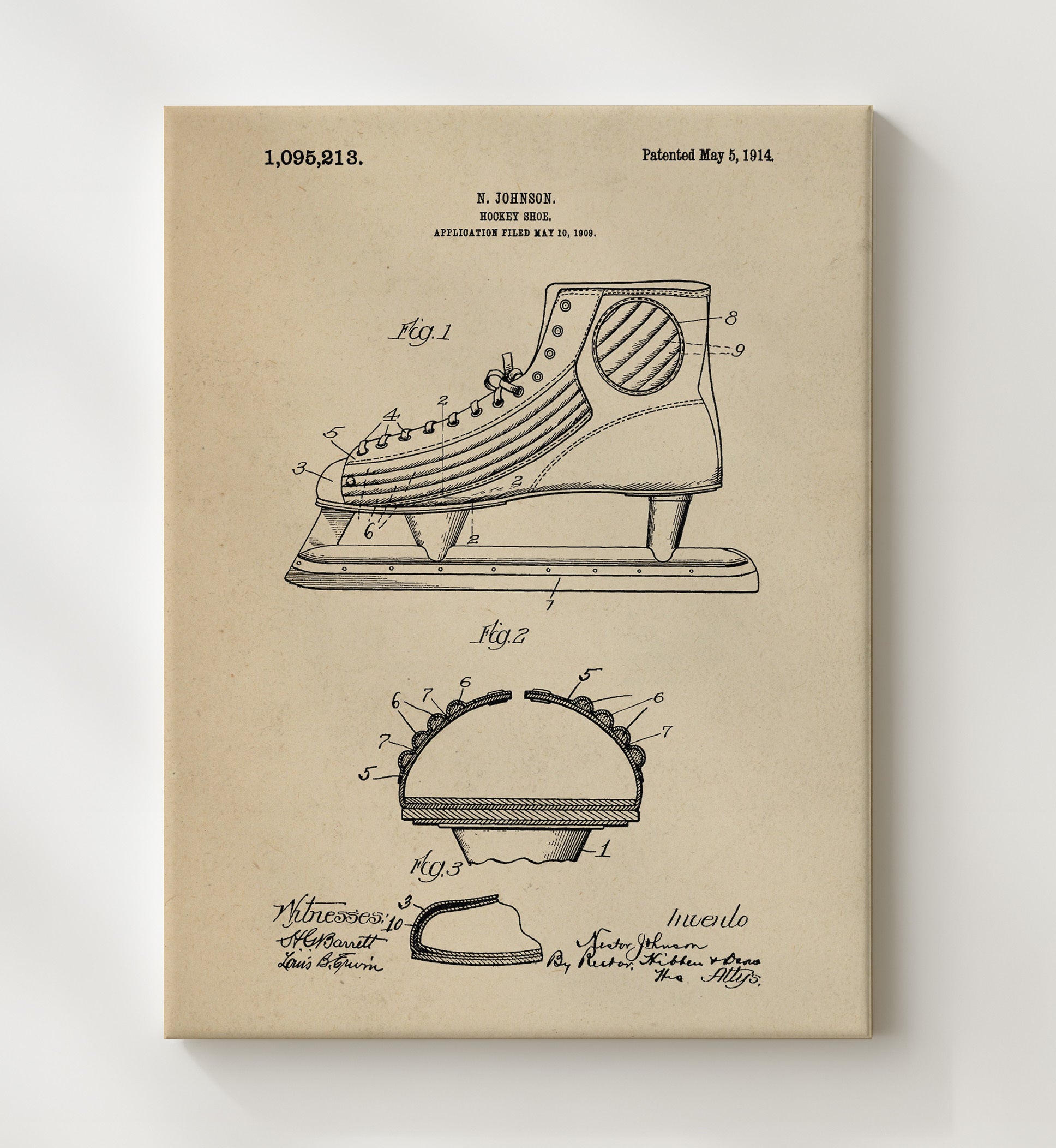 Patent Print - Hockey Skate - N Johnson - 1914 - Patent 1095213 Patent Wall Art