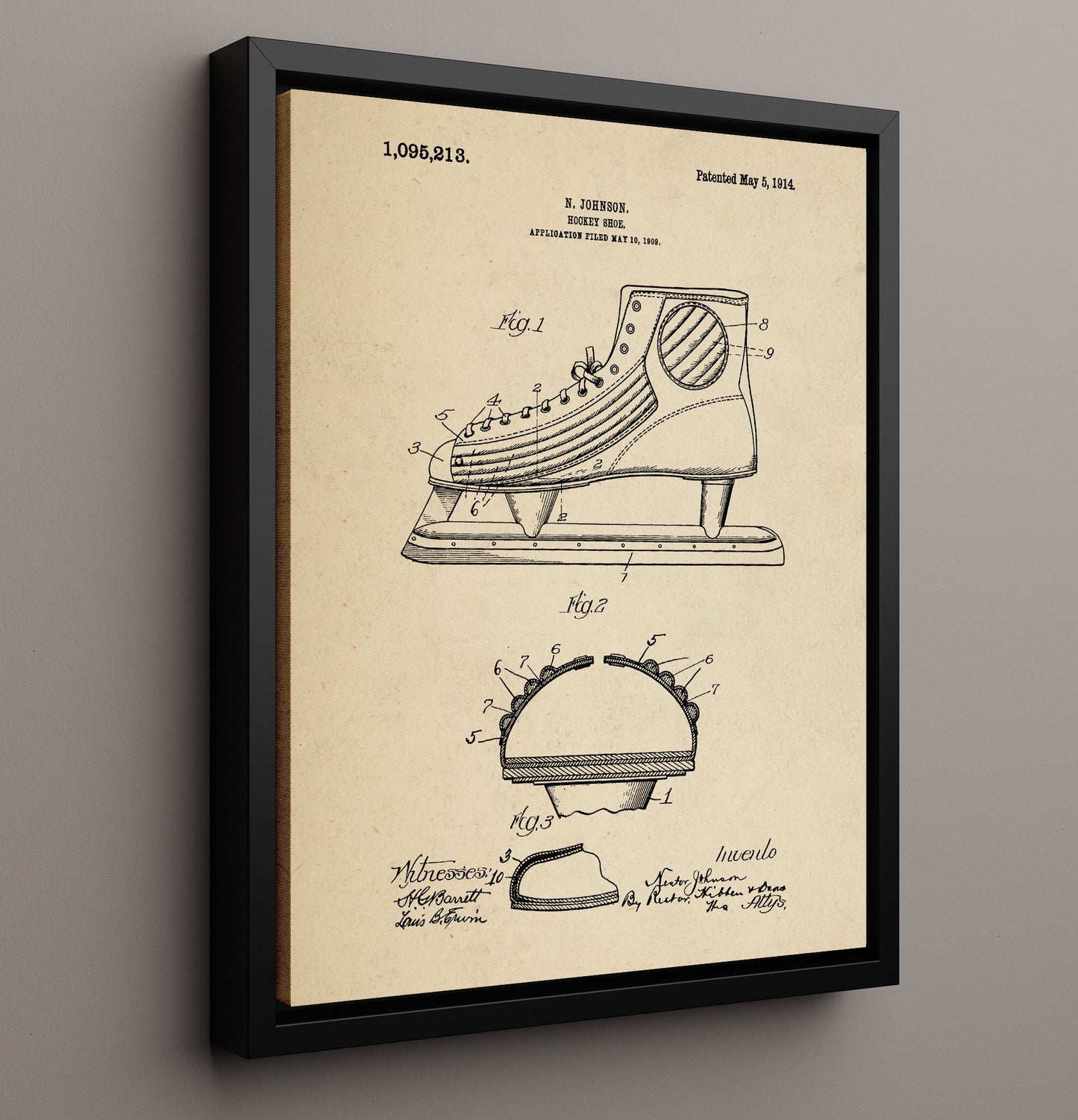 Patent Print - Hockey Skate - N Johnson - 1914 - Patent 1095213 Patent Wall Art