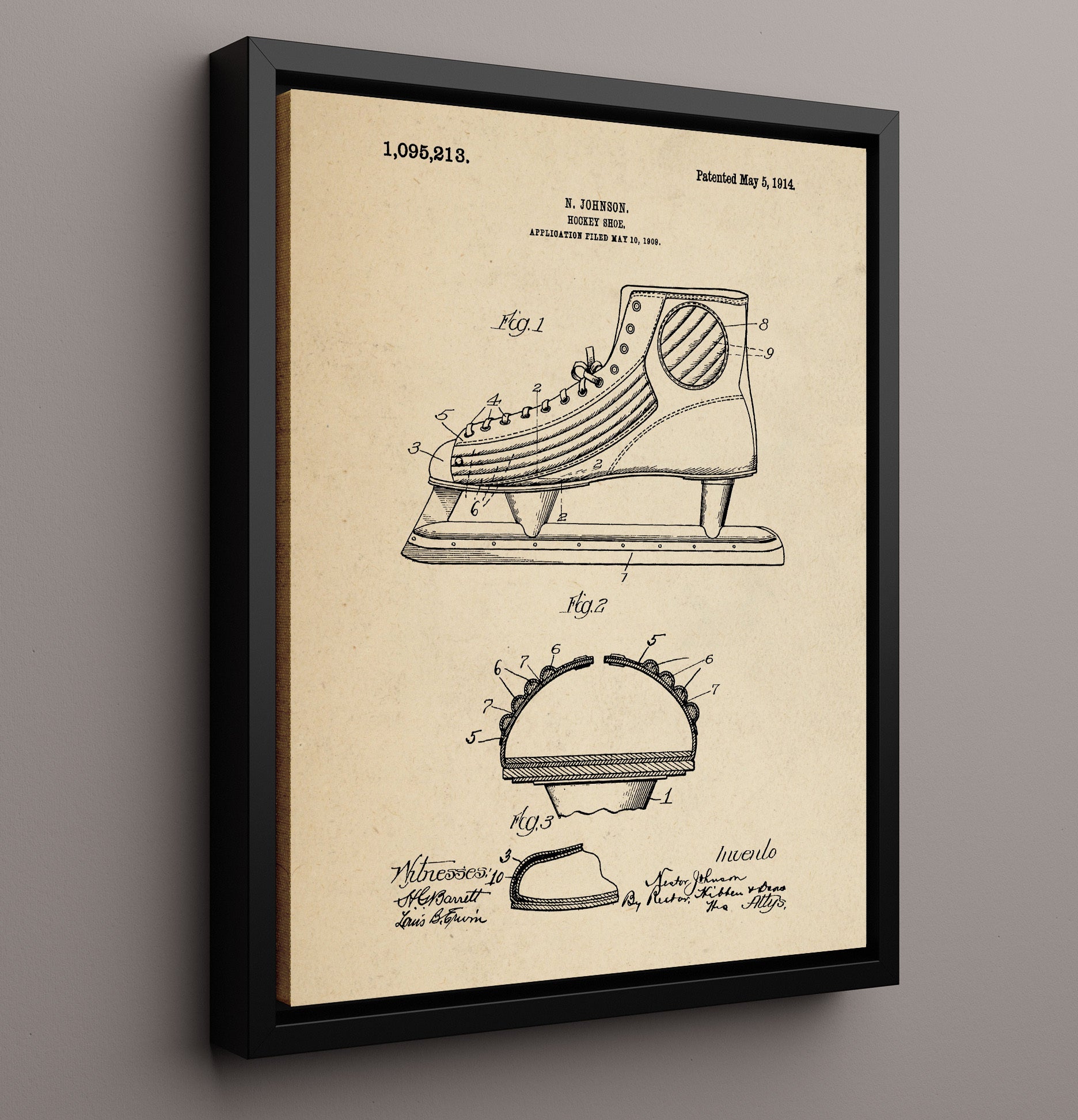 Patent Print - Hockey Skate - N Johnson - 1914 - Patent 1095213 Patent Wall Art