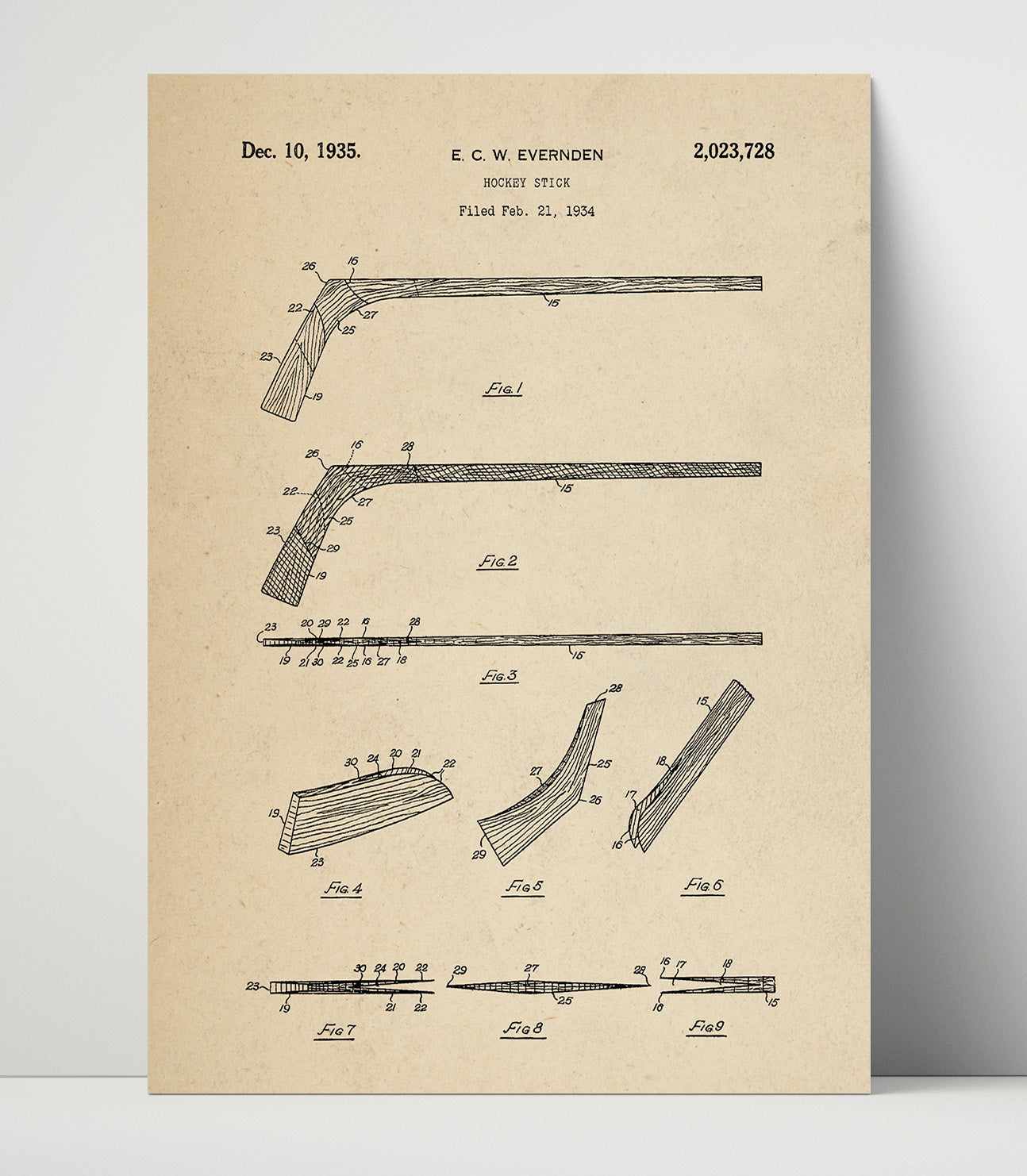Patent Print - Hockey Stick - E C W Evernden - 1935 - Patent 2023728 Patent Wall Art