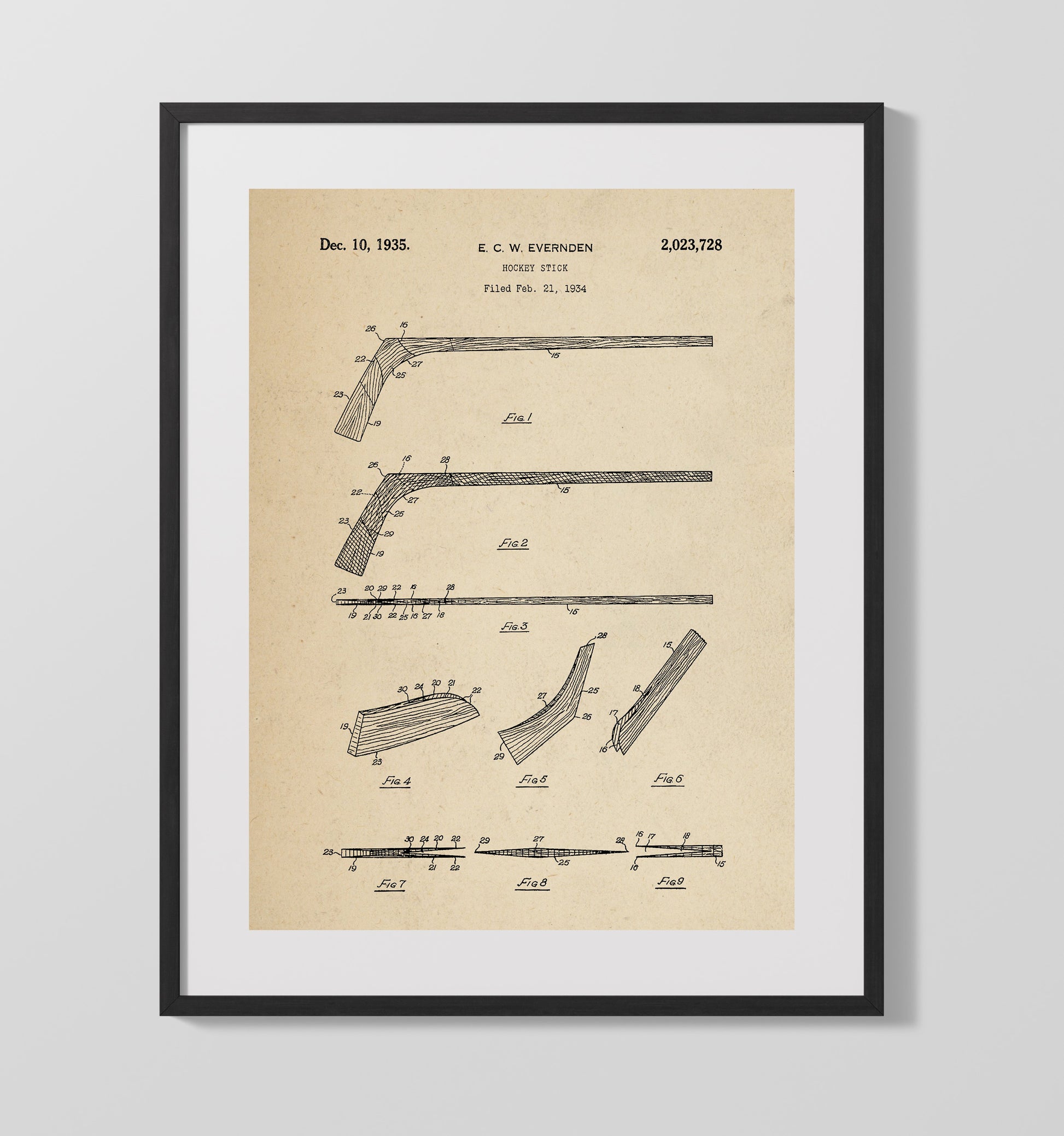 Patent Print - Hockey Stick - E C W Evernden - 1935 - Patent 2023728 Patent Wall Art