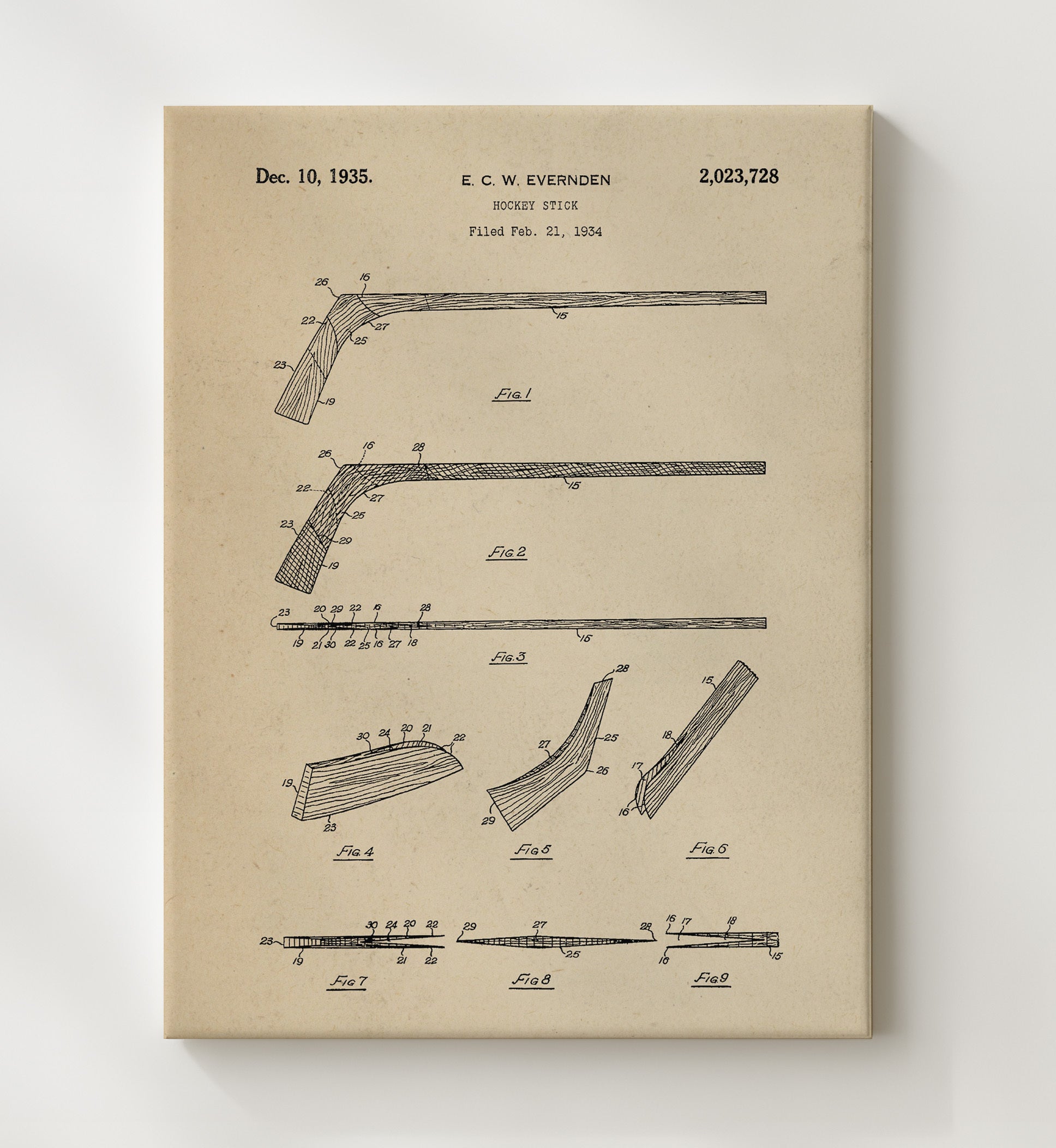 Patent Print - Hockey Stick - E C W Evernden - 1935 - Patent 2023728 Patent Wall Art