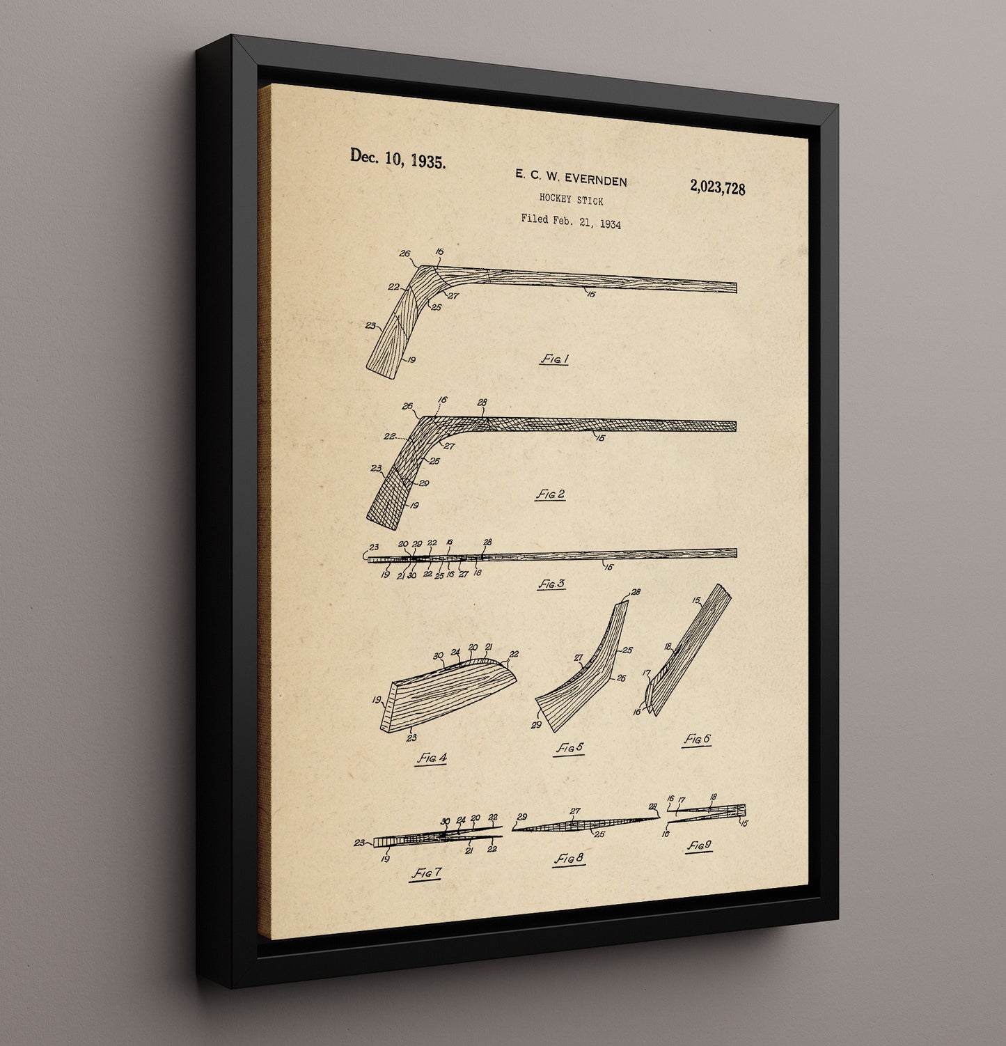 Patent Print - Hockey Stick - E C W Evernden - 1935 - Patent 2023728 Patent Wall Art