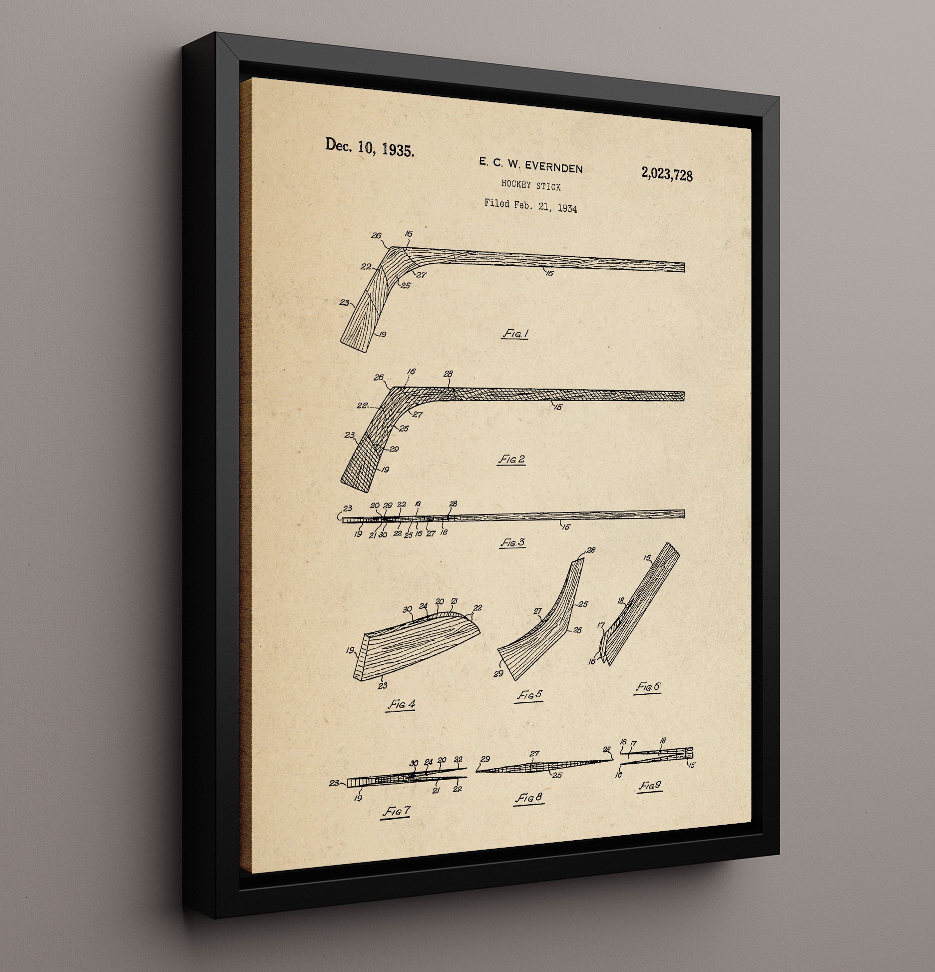 Patent Print - Hockey Stick - E C W Evernden - 1935 - Patent 2023728 Patent Wall Art