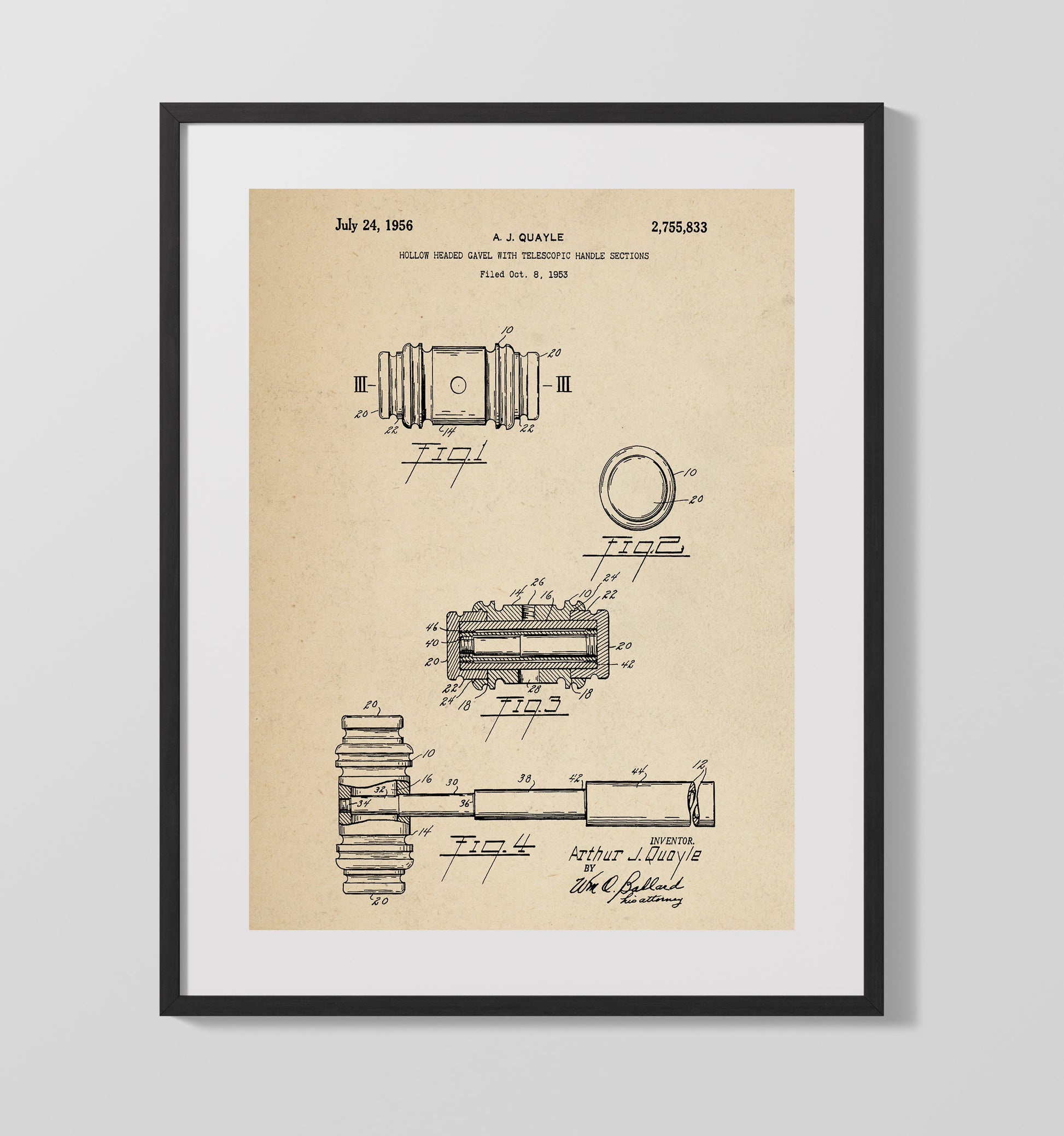 Patent Print - Hollow Headed Gavel With Telescopic Handle Sections - A. J. Quayle - 1956 - Patent 2755833 Patent Wall Art