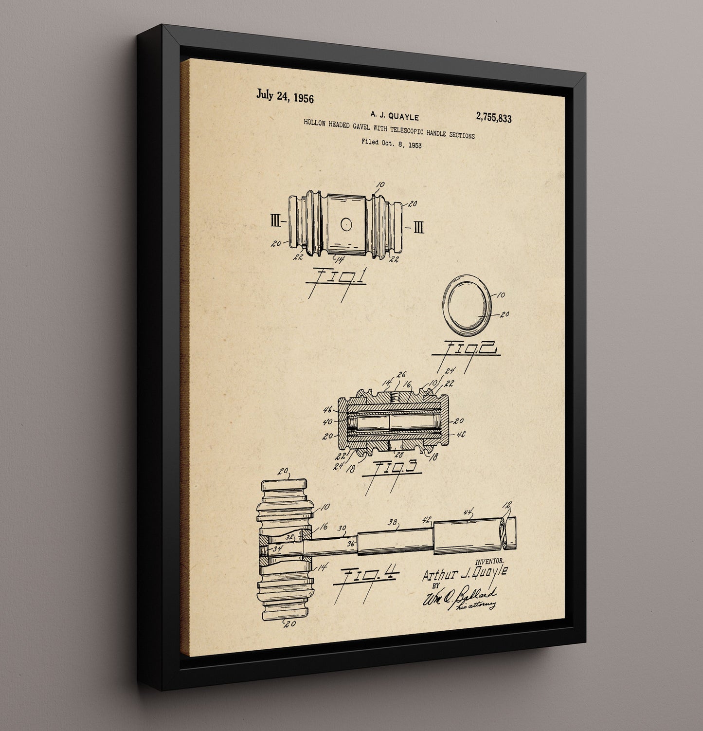 Patent Print - Hollow Headed Gavel With Telescopic Handle Sections - A. J. Quayle - 1956 - Patent 2755833 Patent Wall Art