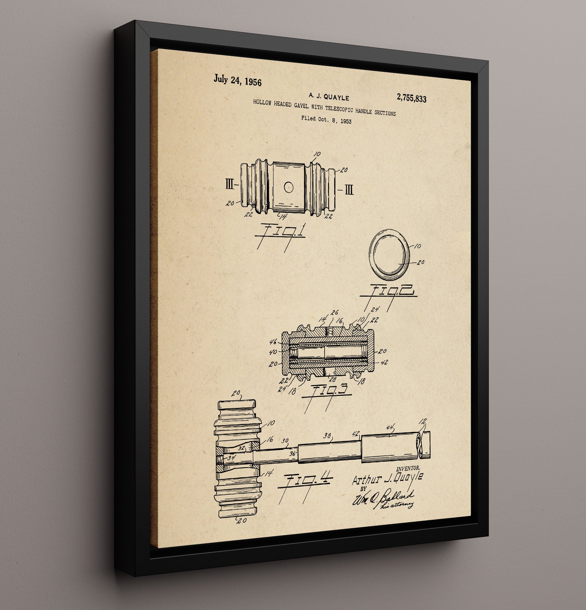Patent Print - Hollow Headed Gavel With Telescopic Handle Sections - A. J. Quayle - 1956 - Patent 2755833 Patent Wall Art
