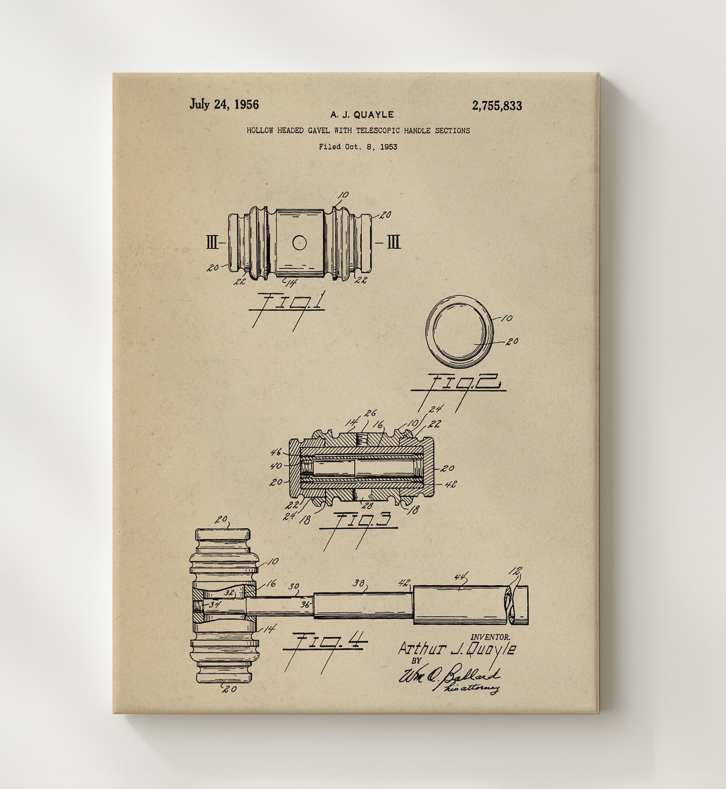Patent Print - Hollow Headed Gavel With Telescopic Handle Sections - A. J. Quayle - 1956 - Patent 2755833 Patent Wall Art