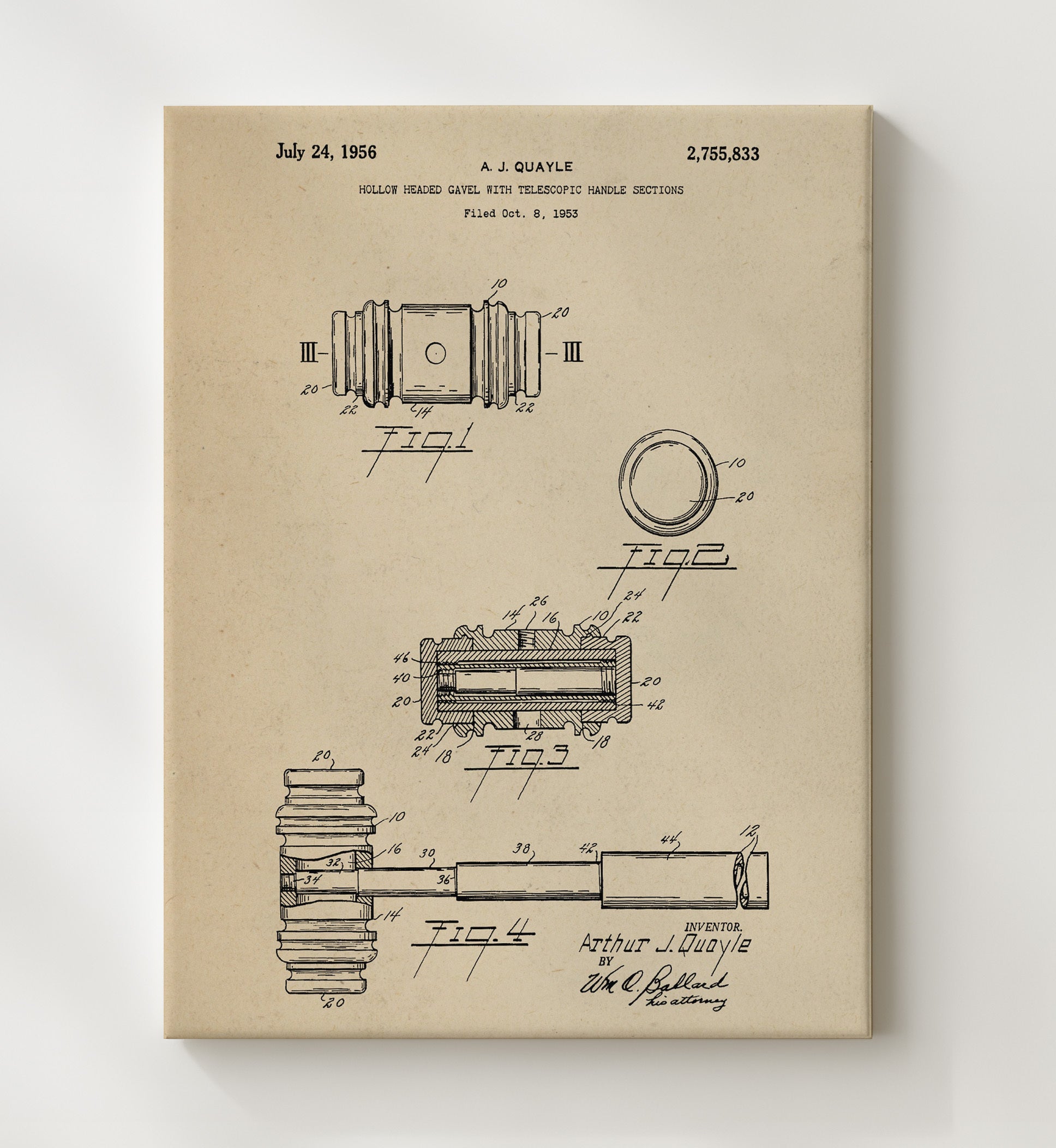 Patent Print - Hollow Headed Gavel With Telescopic Handle Sections - A. J. Quayle - 1956 - Patent 2755833 Patent Wall Art