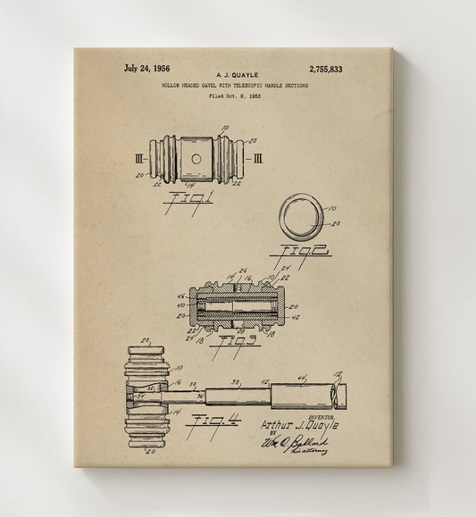 Hollow Headed Gavel With Telescopic Handle Sections 1956 patent print wall art 8x10 Canvas