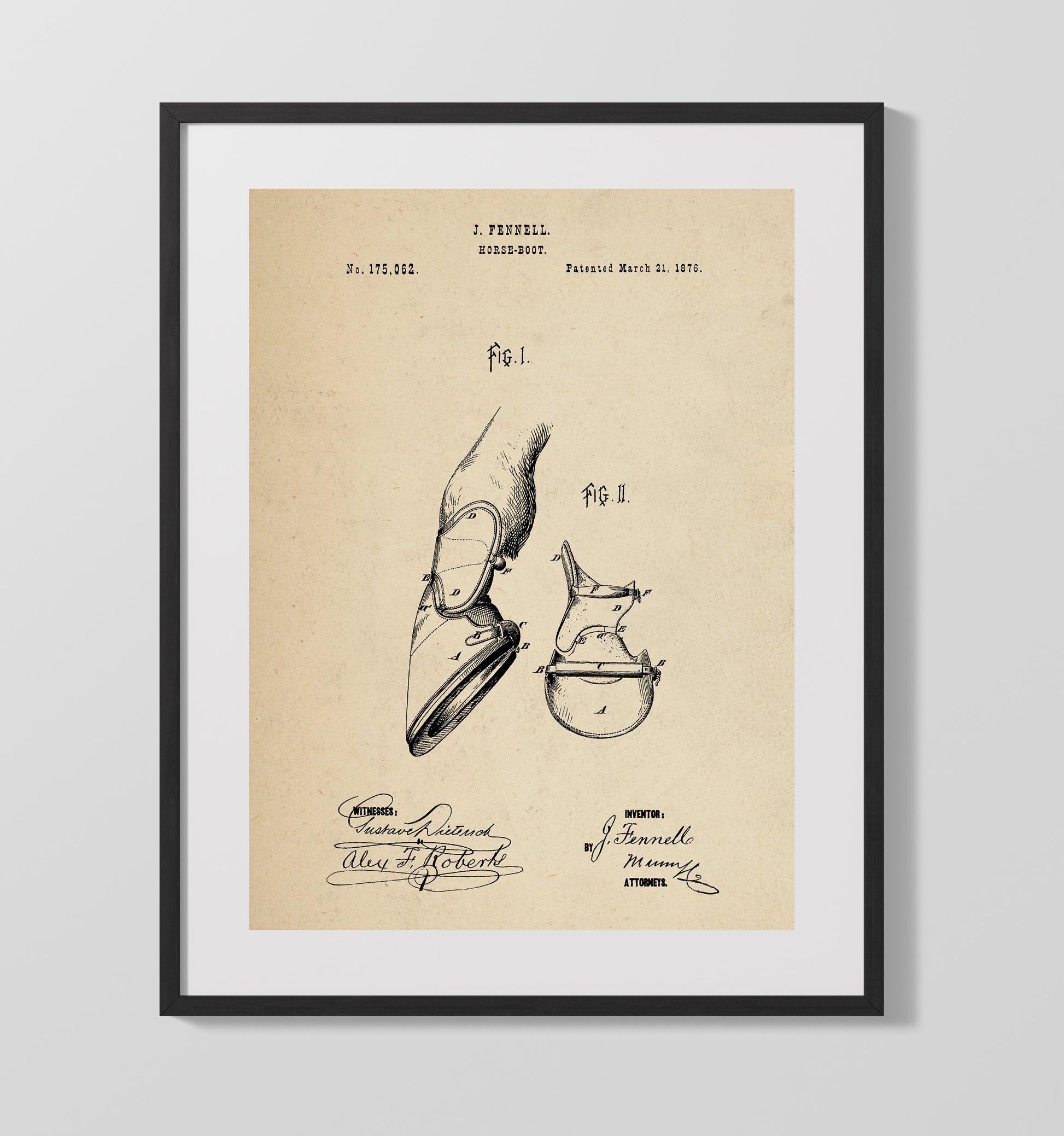 Patent Print - Horse Boot - J. Fennell - 1876 - Patent 175062 Patent Wall Art